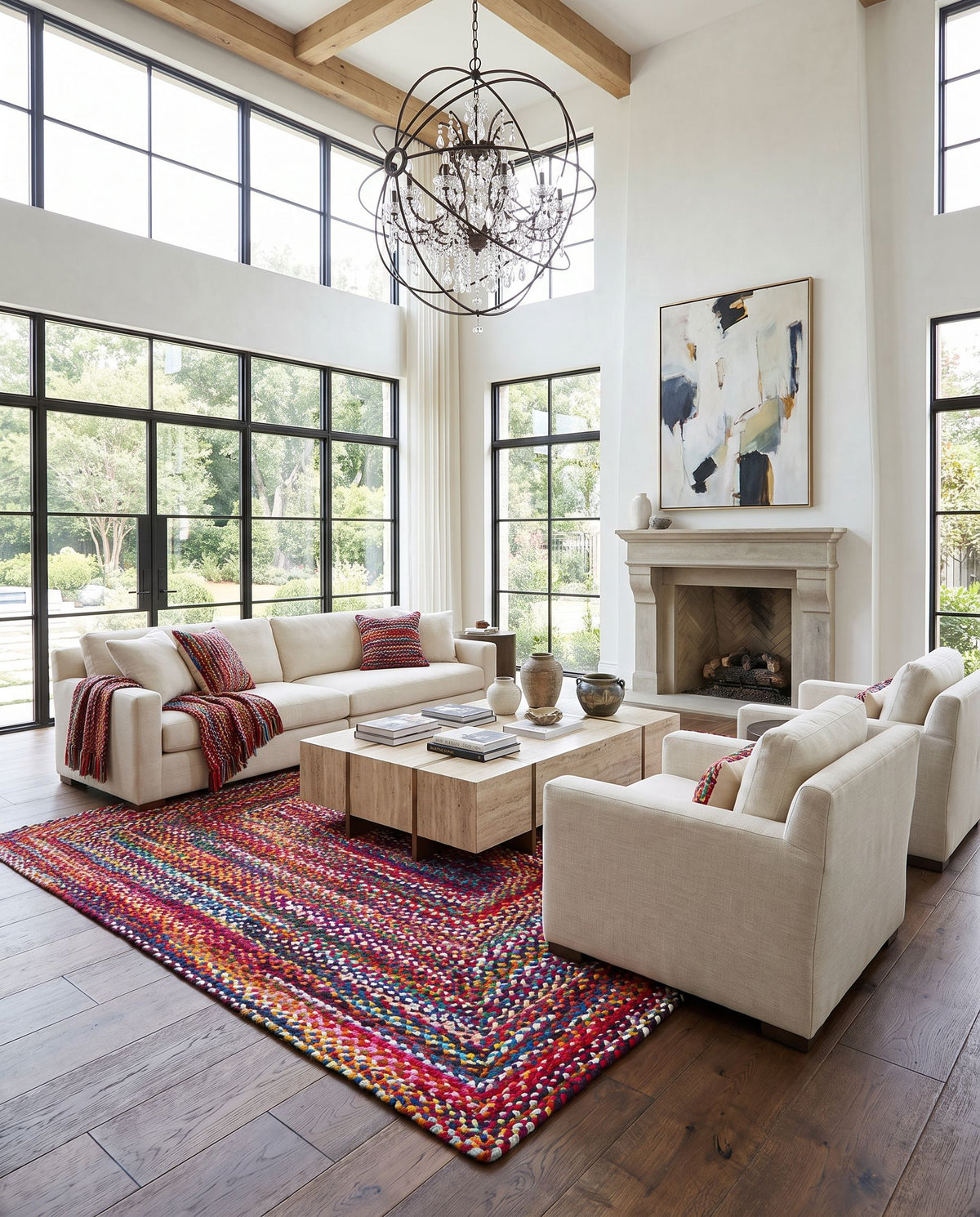 Billie BBI-2300 Hand Loomed Rug as the centerpiece of a bright luxury living room — a hand loomed modern area rug in crimson, sapphire, emerald and amber tones