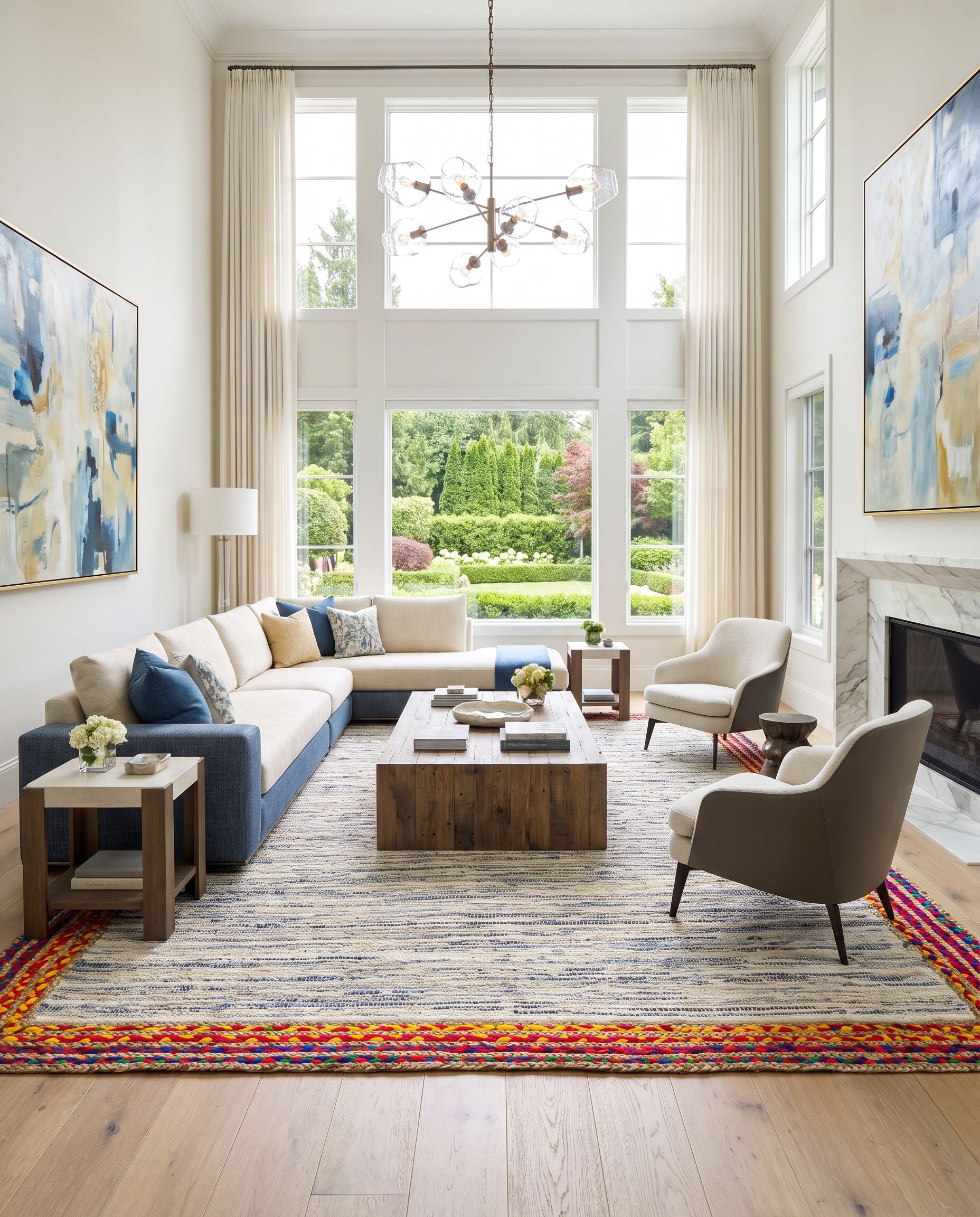 Billie BBI-2301 Hand Loomed Rug as the centerpiece of a bright luxury living room — a hand loomed modern area rug in tan, dark blue, blue and light blue tones