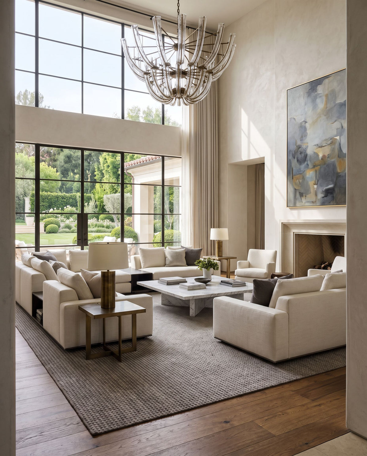 Boston BBT-2301 Hand Knotted Rug as the centerpiece of a bright luxury living room — a hand knotted contemporary area rug in cloud gray tones