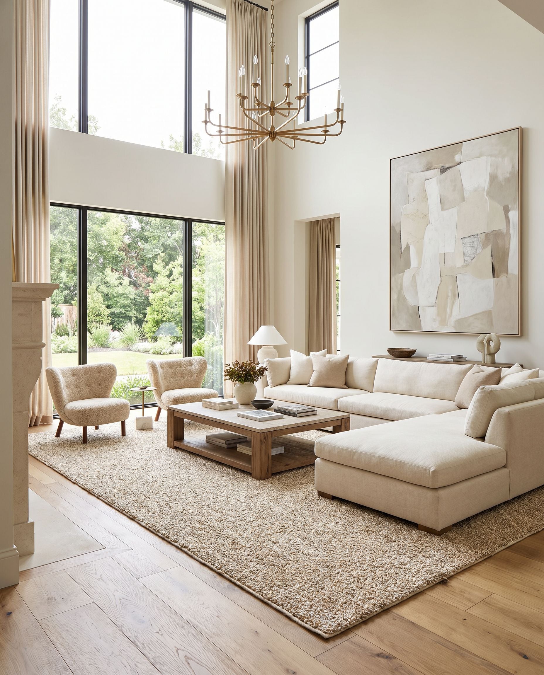 Boculette BCT-2301 Hand Woven Rug as the centerpiece of a bright luxury living room — a hand woven modern area rug in brown and off-white tones