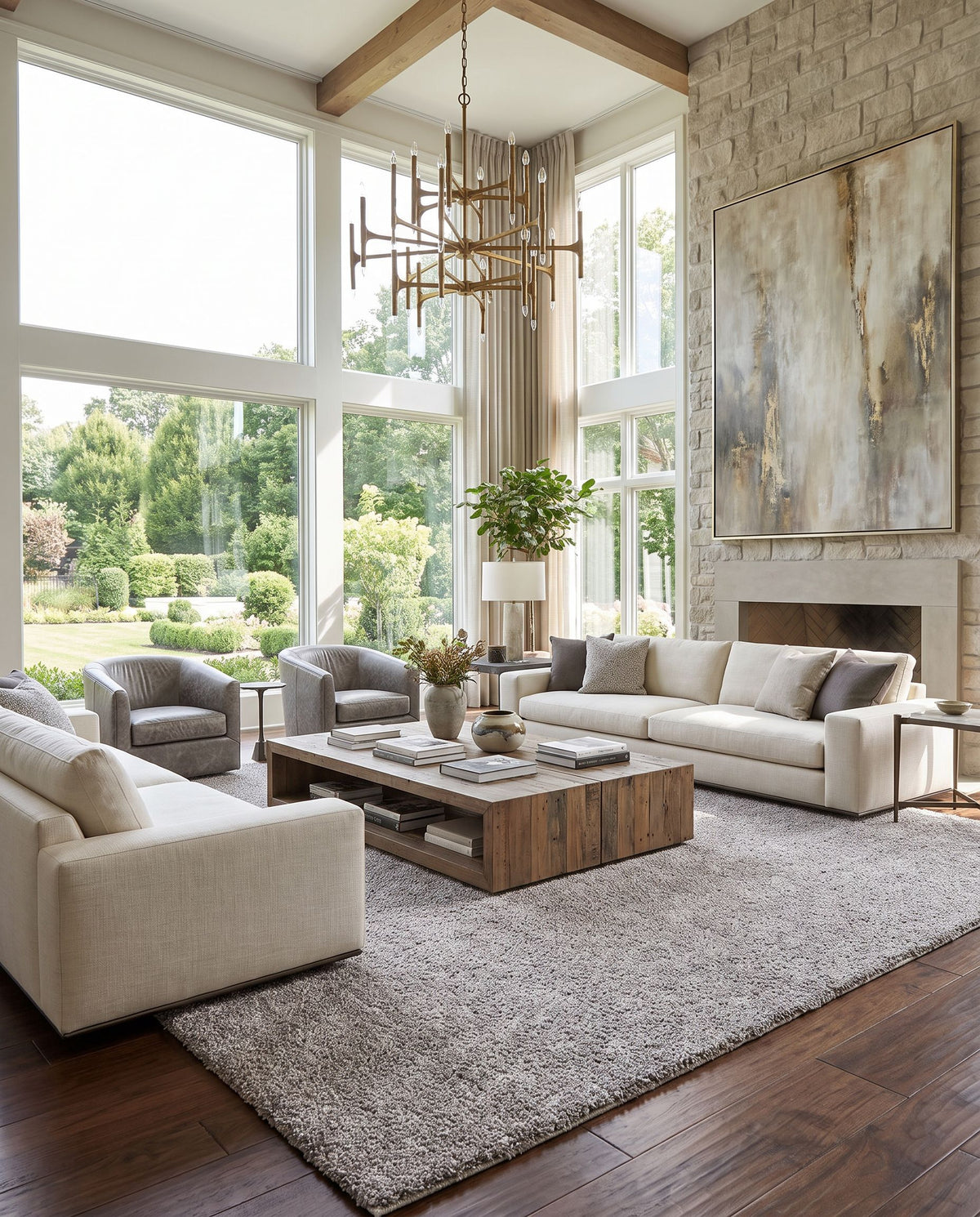Boculette BCT-2303 Hand Woven Rug as the centerpiece of a bright luxury living room — a hand woven modern area rug in medium brown and off-white tones