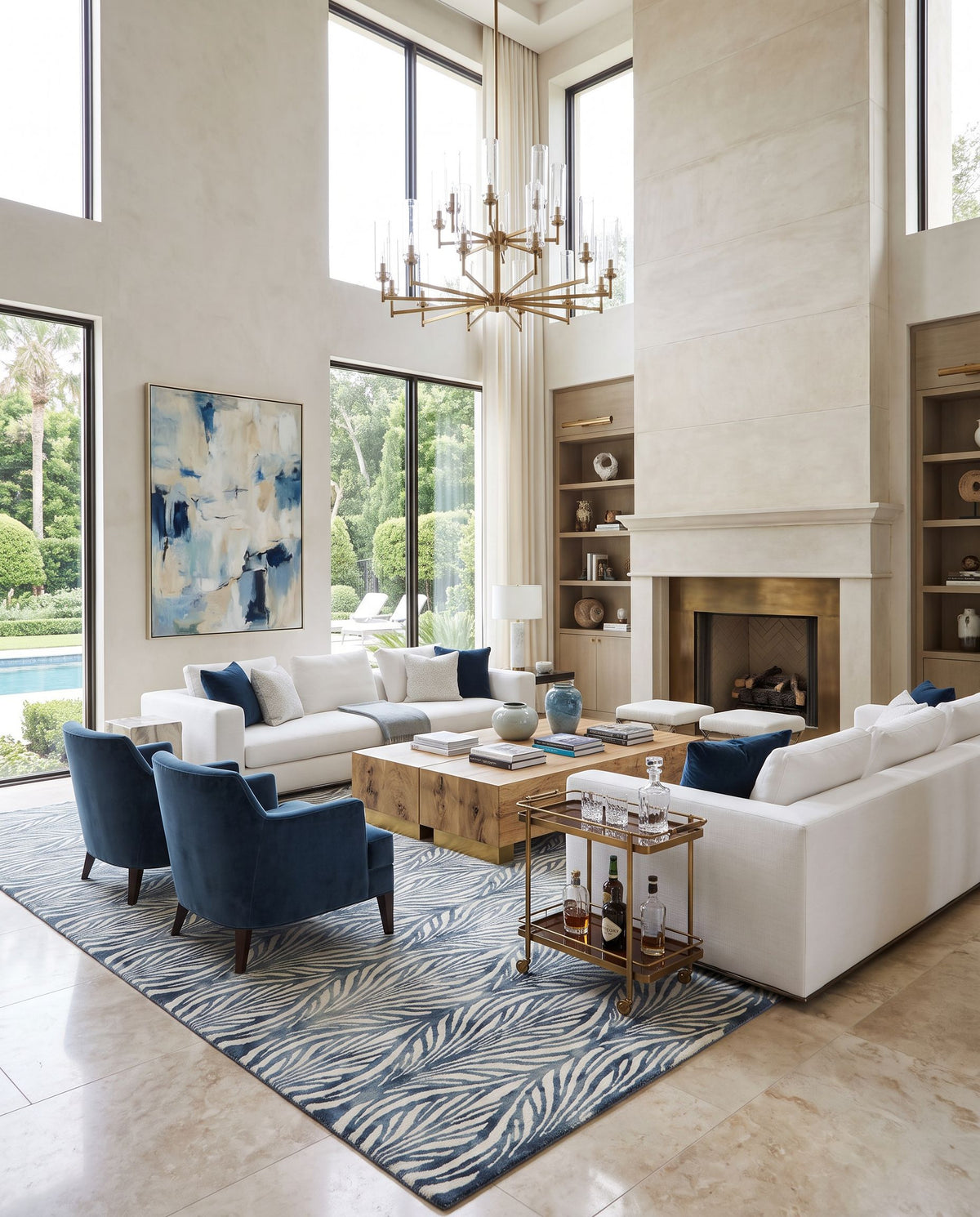 Belladonna BDA-3006 Hand Tufted Rug as the centerpiece of a bright luxury living room — a hand tufted transitional, traditional area rug in teal, ivory and pale blue tones