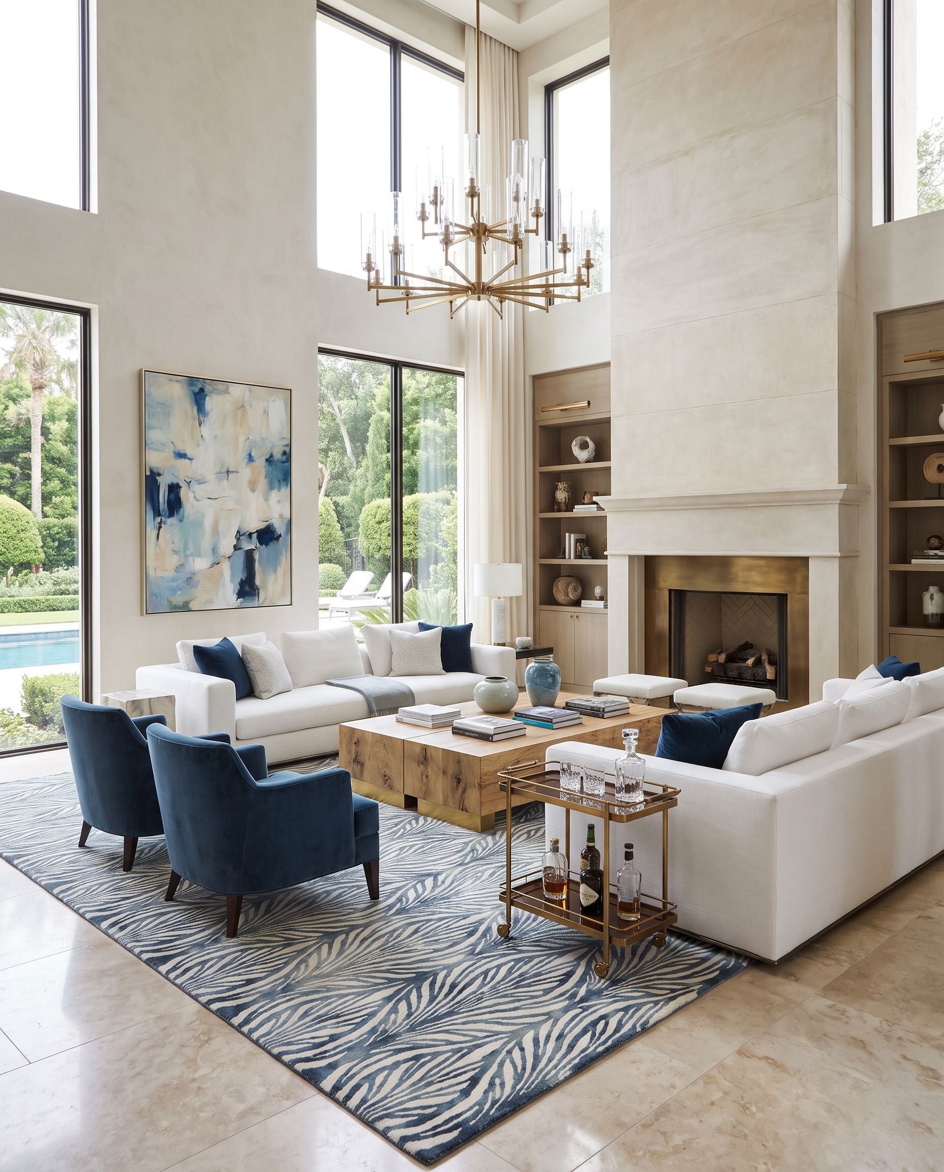 Belladonna BDA-3006 Hand Tufted Rug as the centerpiece of a bright luxury living room — a hand tufted transitional, traditional area rug in teal, ivory and pale blue tones