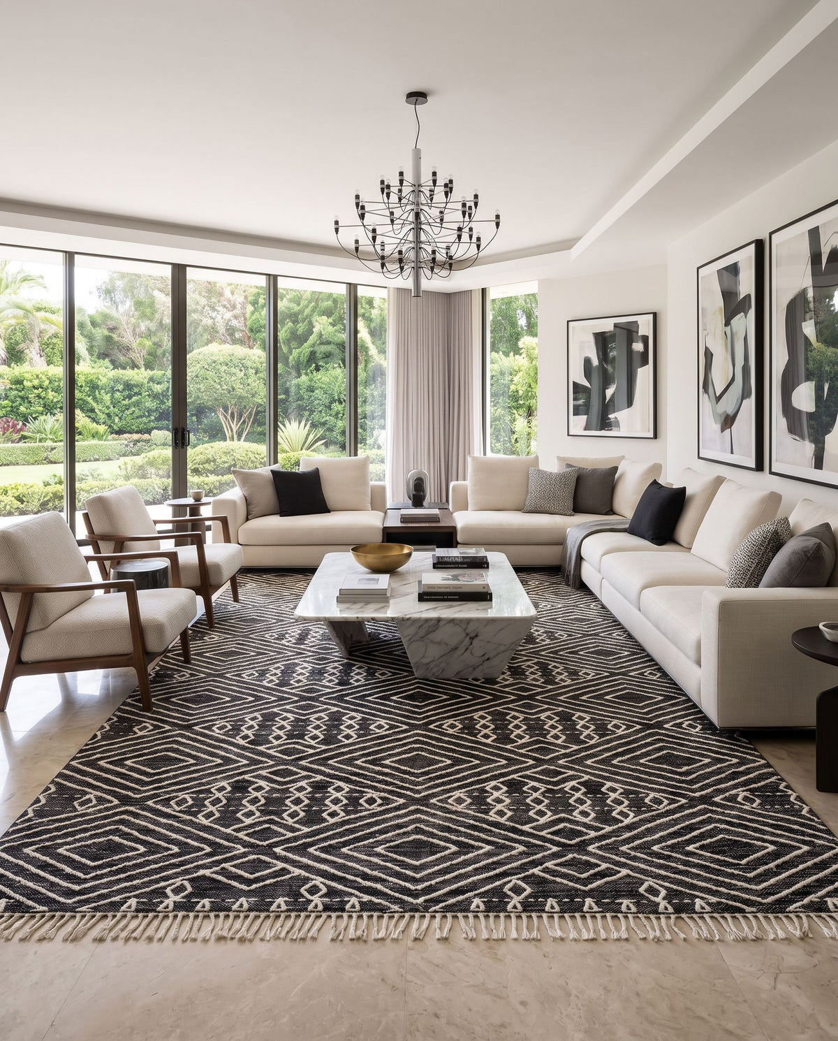 Bedouin BDO-2300 Hand Woven Rug styled in an elegant designer living room — hand woven global area rug in black and cream tones