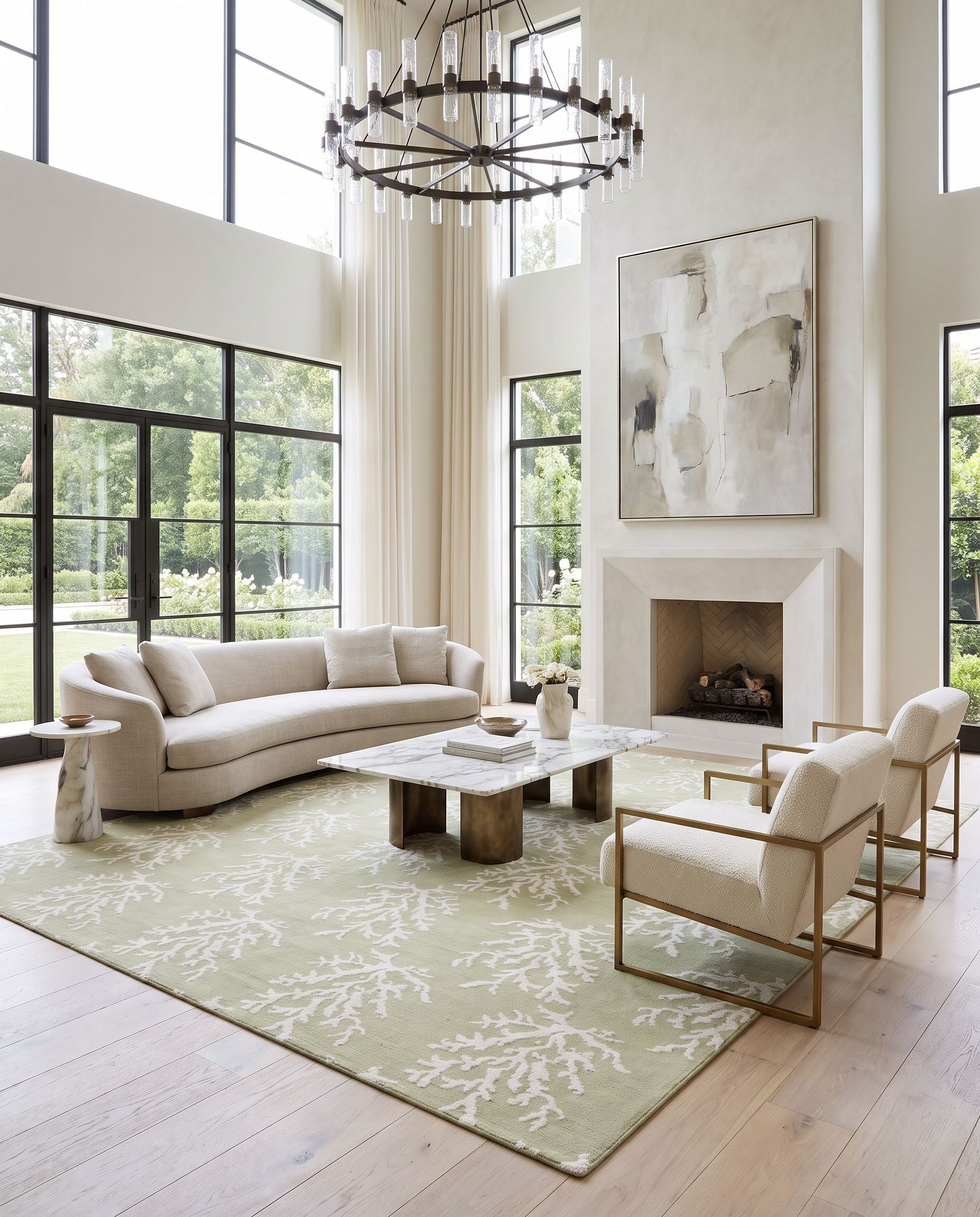 Boardwalk BDW-4009 Hand Woven Rug as the centerpiece of a bright luxury living room — a hand woven modern area rug in ivory and light green tones