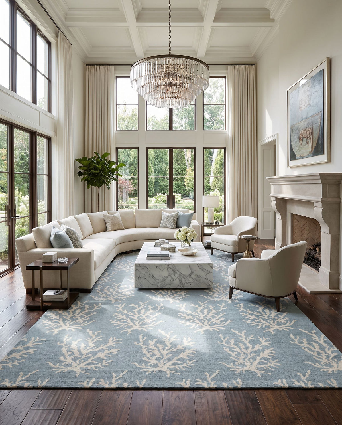 Boardwalk BDW-4010 Hand Woven Rug as the centerpiece of a bright luxury living room — a hand woven modern area rug in ivory and light blue tones