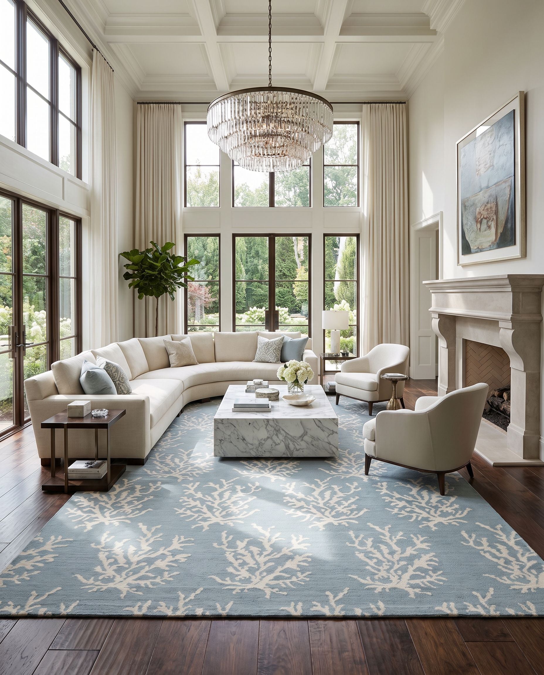 Boardwalk BDW-4010 Hand Woven Rug as the centerpiece of a bright luxury living room — a hand woven modern area rug in ivory and light blue tones