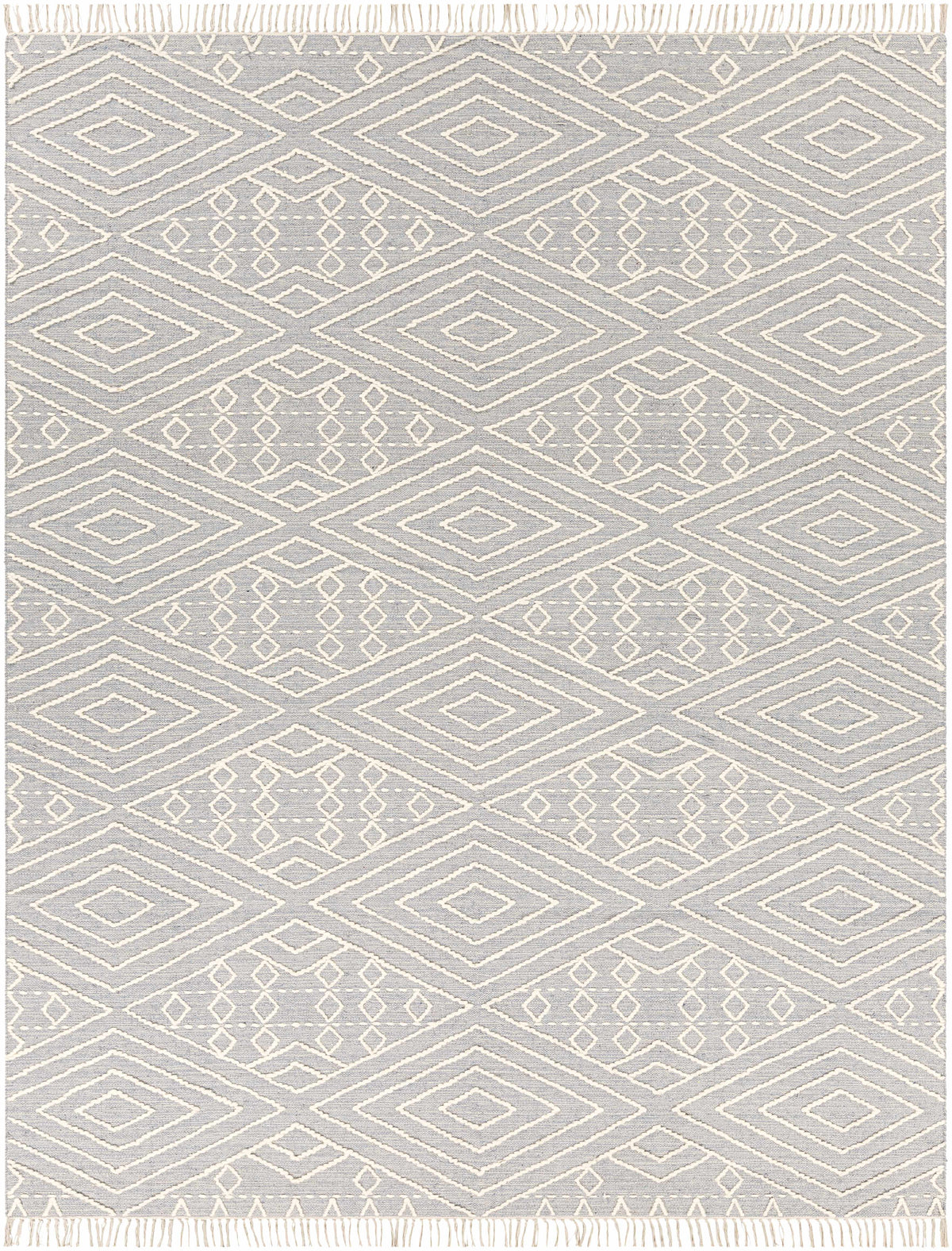 Slate Hand Woven 70% Cotton, 30% Wool Global Rectangle Handmade rug, Indoor use only, has fringe, non-washable.