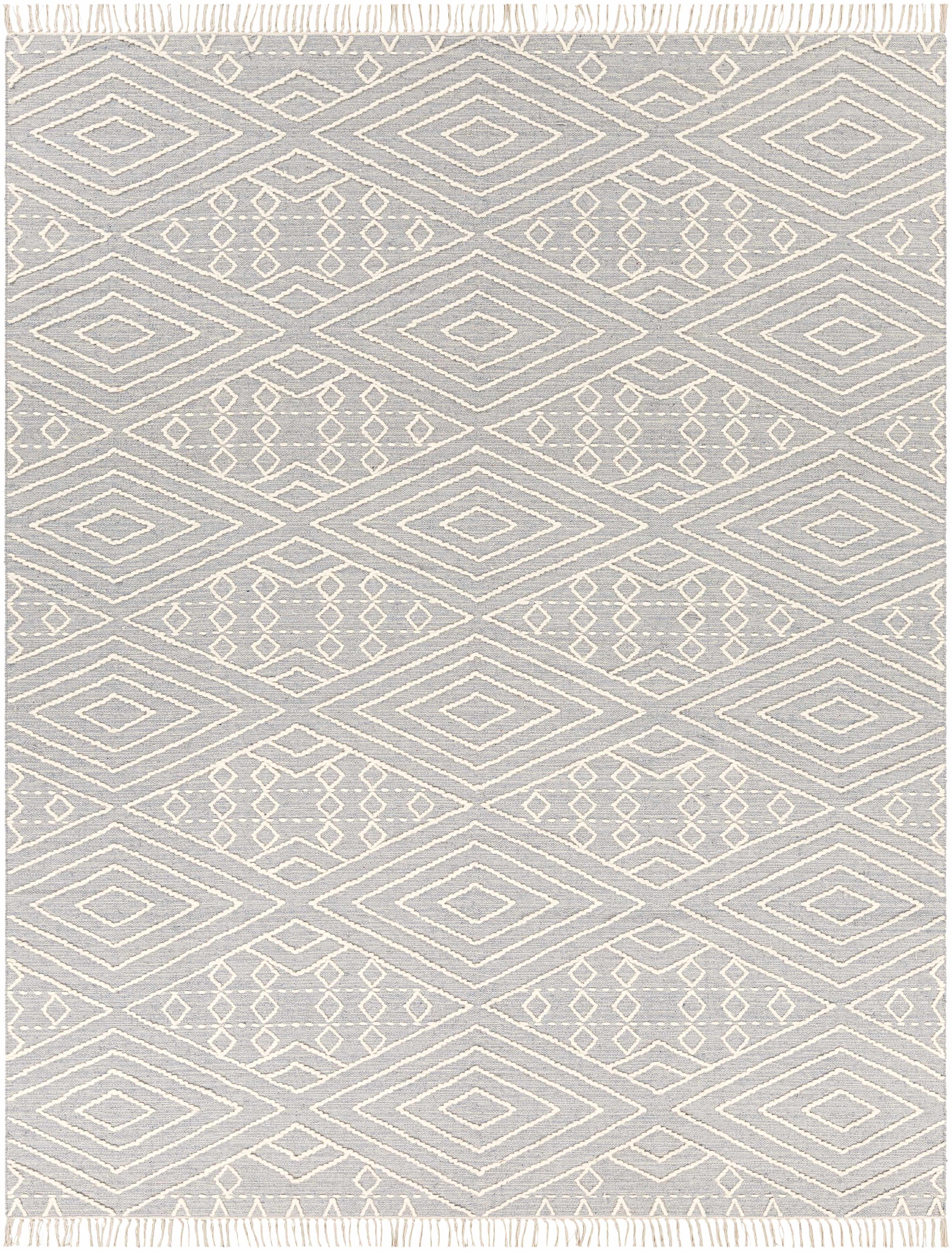 Slate Hand Woven 70% Cotton, 30% Wool Global Rectangle Handmade rug, Indoor use only, has fringe, non-washable.
