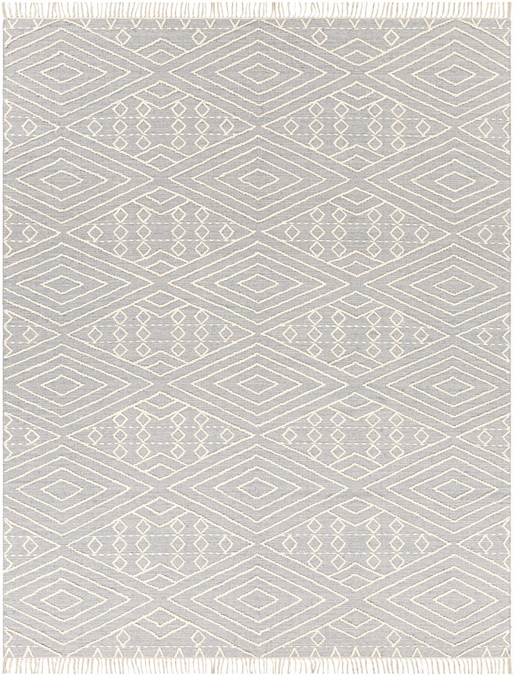 Slate Hand Woven 70% Cotton, 30% Wool Global Rectangle Handmade rug, Indoor use only, has fringe, non-washable.