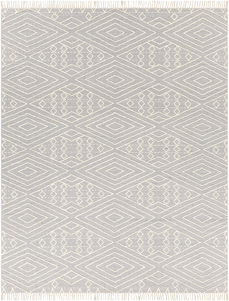 Slate Hand Woven 70% Cotton, 30% Wool Global Rectangle Handmade rug, Indoor use only, has fringe, non-washable.