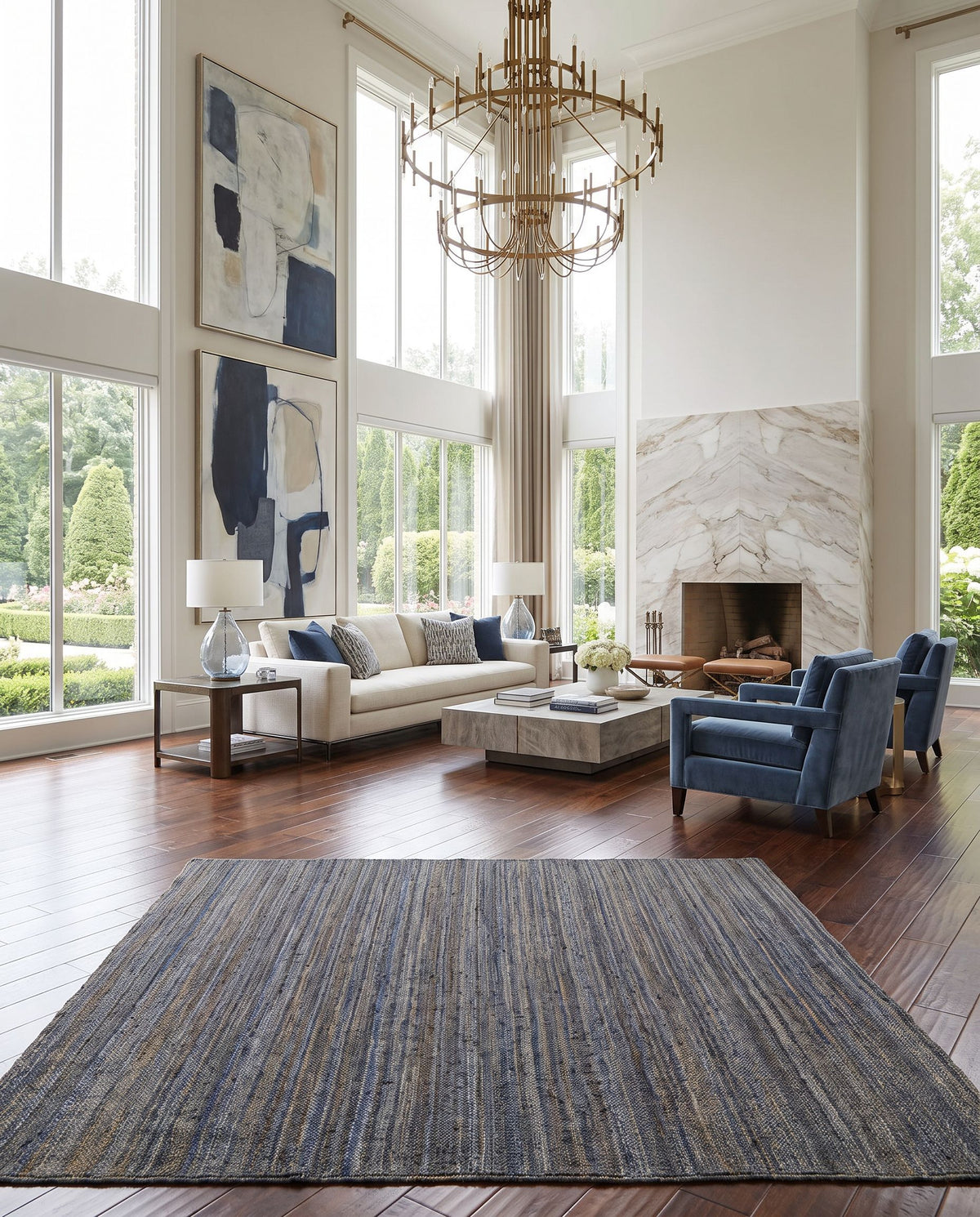 Brice BIC-7006 Hand Woven Rug as the centerpiece of a bright luxury living room — a hand woven cottage area rug in navy, blue and cream tones
