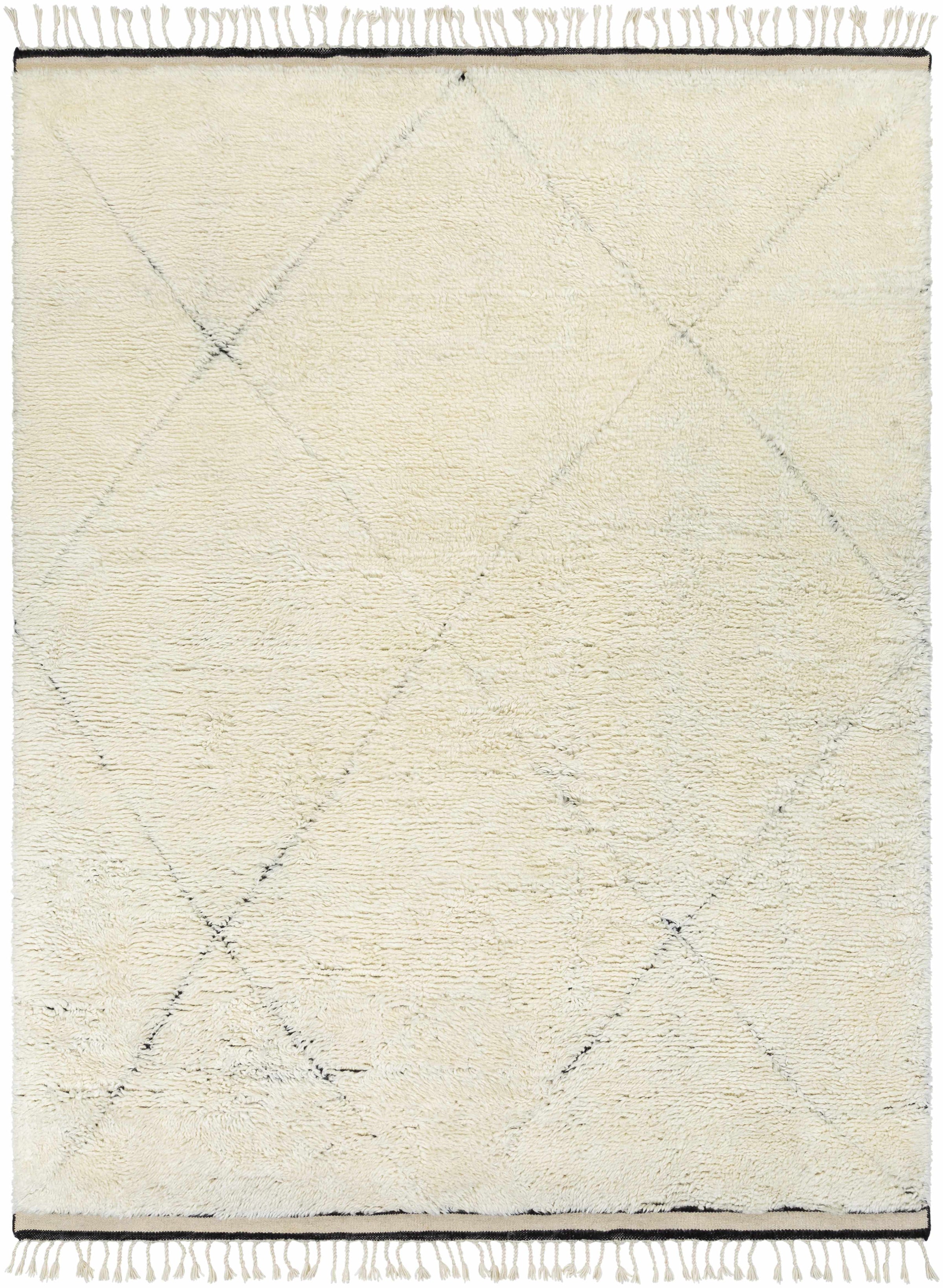 Cream Hand Knotted 100% Wool Global Rectangle Handmade rug, Indoor use only, has fringe, non-washable.