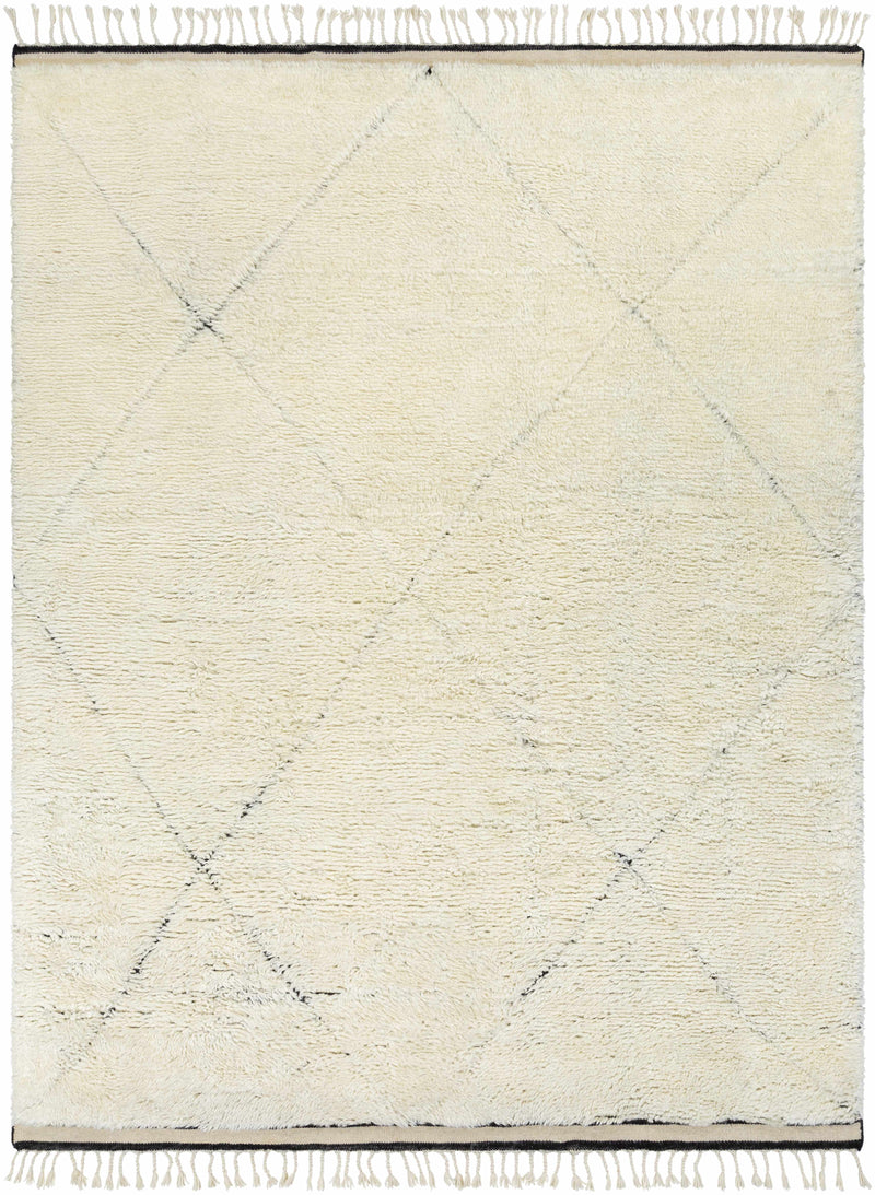Cream Hand Knotted 100% Wool Global Rectangle Handmade rug, Indoor use only, has fringe, non-washable.