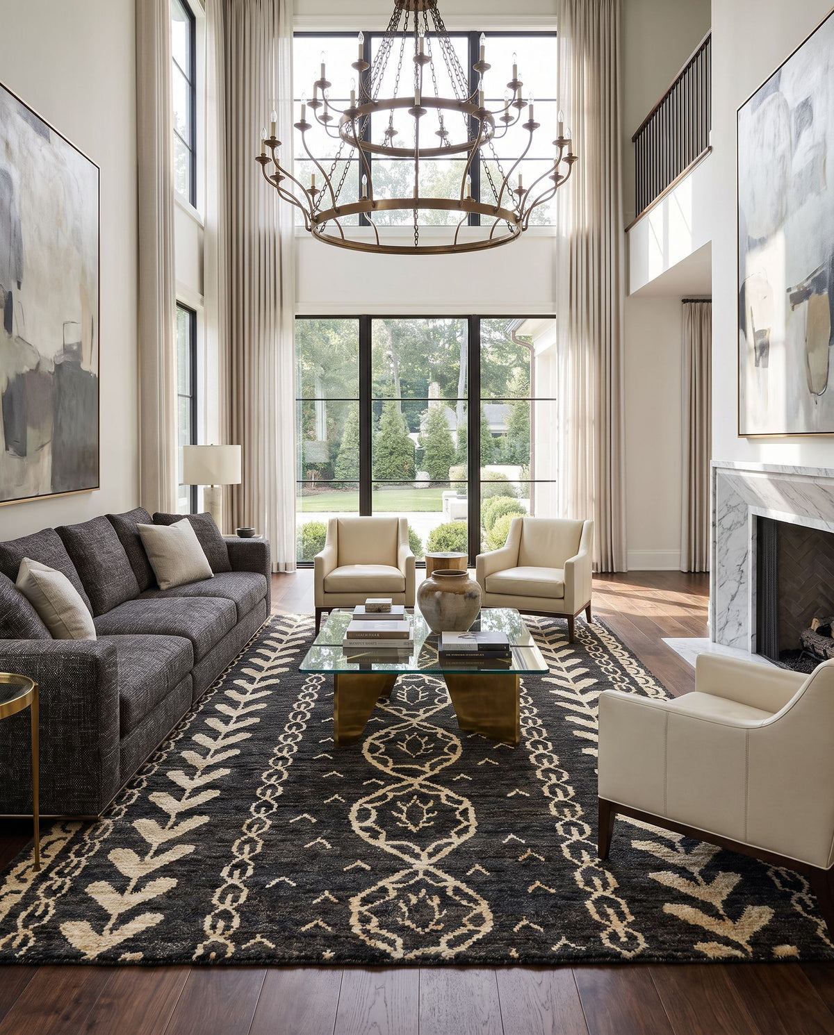 Bjorn BJR-1000 Hand Knotted Rug as the centerpiece of a bright luxury living room — a hand knotted global area rug in black, beige and brown tones