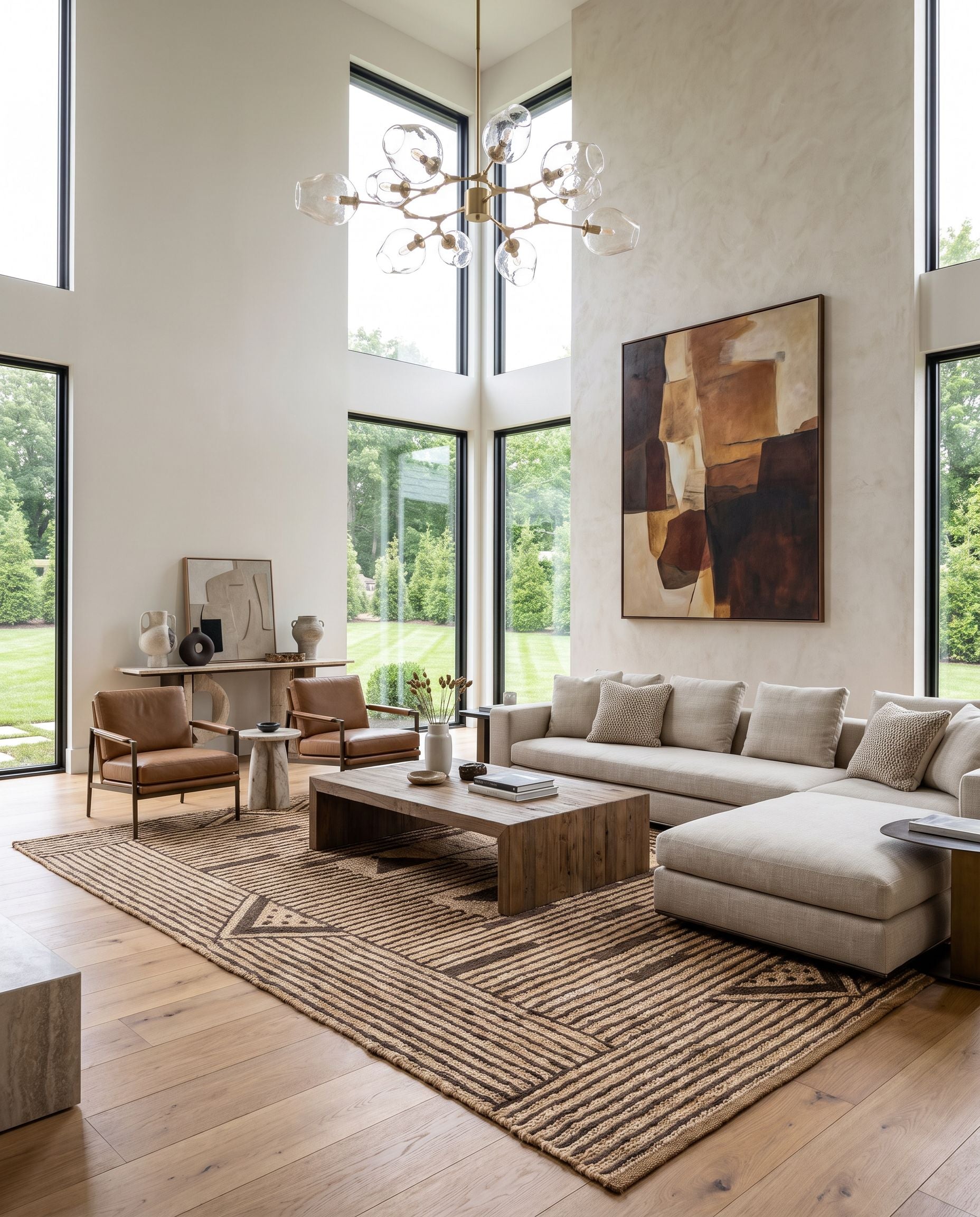 Brookwood BKD-2300 Hand Knotted Rug as the centerpiece of a bright luxury living room — a hand knotted global area rug in wheat and charcoal tones