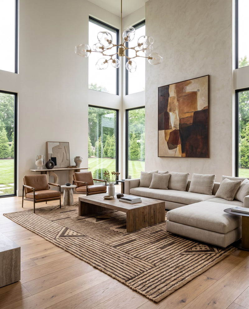 Brookwood BKD-2300 Hand Knotted Rug as the centerpiece of a bright luxury living room — a hand knotted global area rug in wheat and charcoal tones