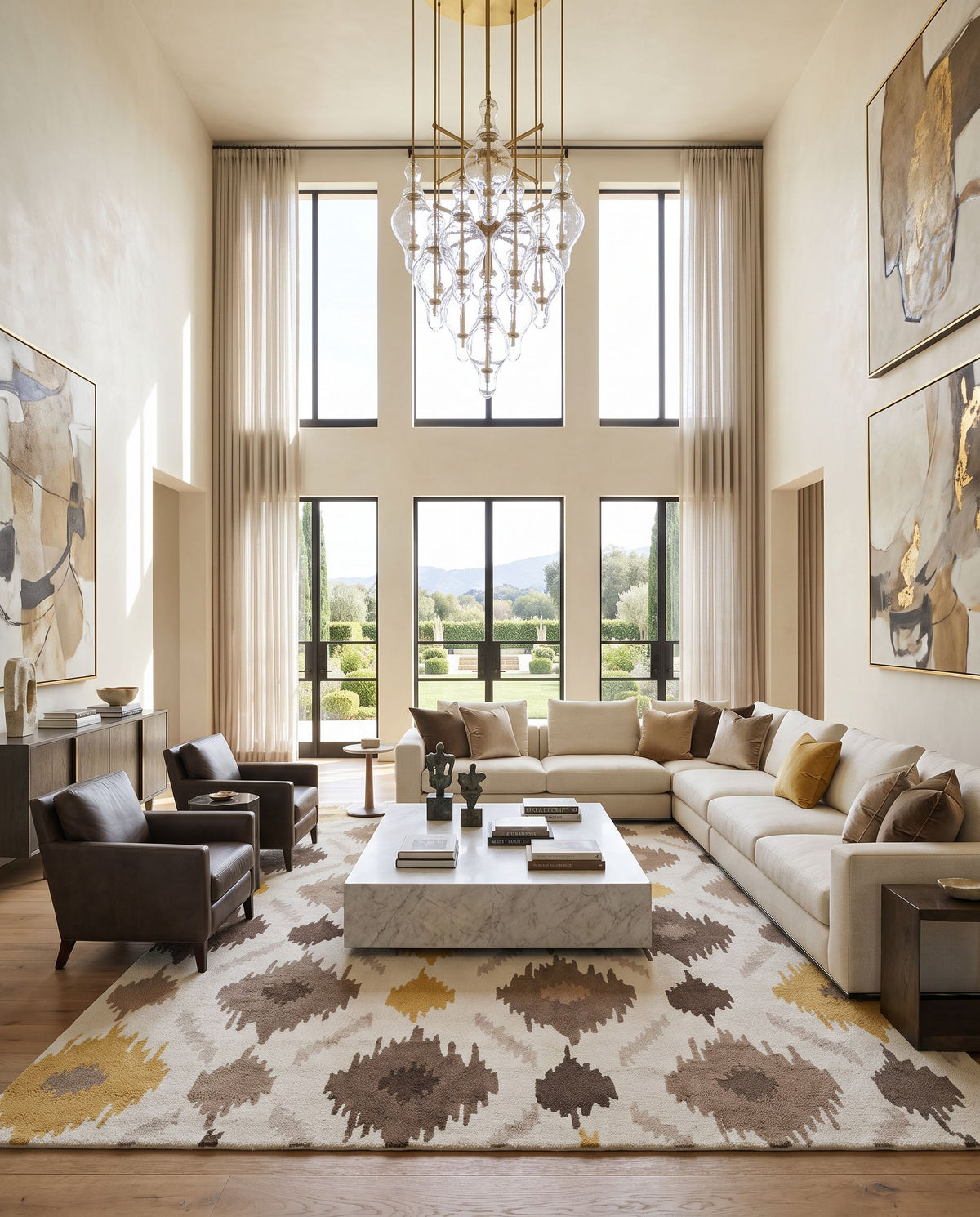 Brentwood BNT-7676 Hand Hooked Rug as the centerpiece of a bright luxury living room — a hand hooked modern area rug in ivory, beige, taupe and brown tones