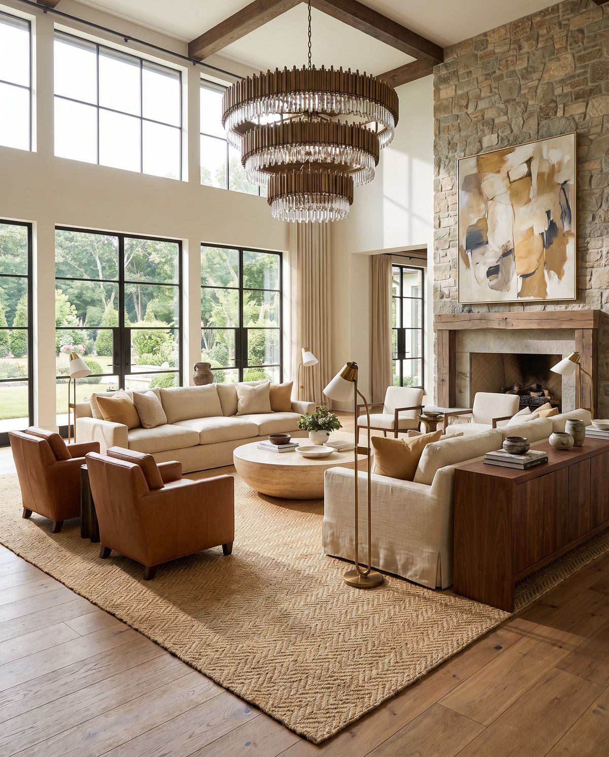 Boca BOC-1002 Hand Woven Rug as the centerpiece of a bright luxury living room — a hand woven cottage area rug in camel, peach and light beige tones