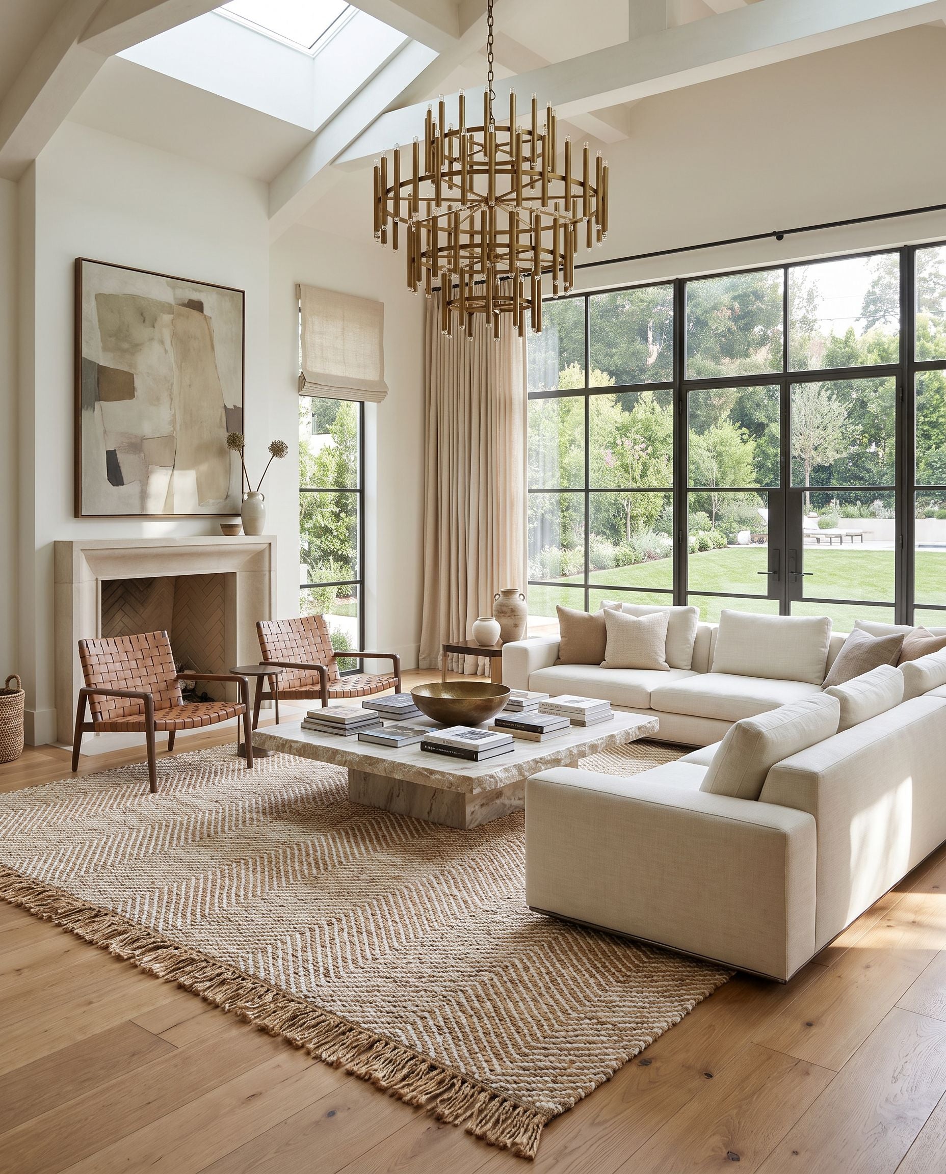 Kamey BOKY-2304 Hand Woven Rug as the centerpiece of a bright luxury living room — a hand woven transitional, traditional area rug in beige, peach and ivory tones