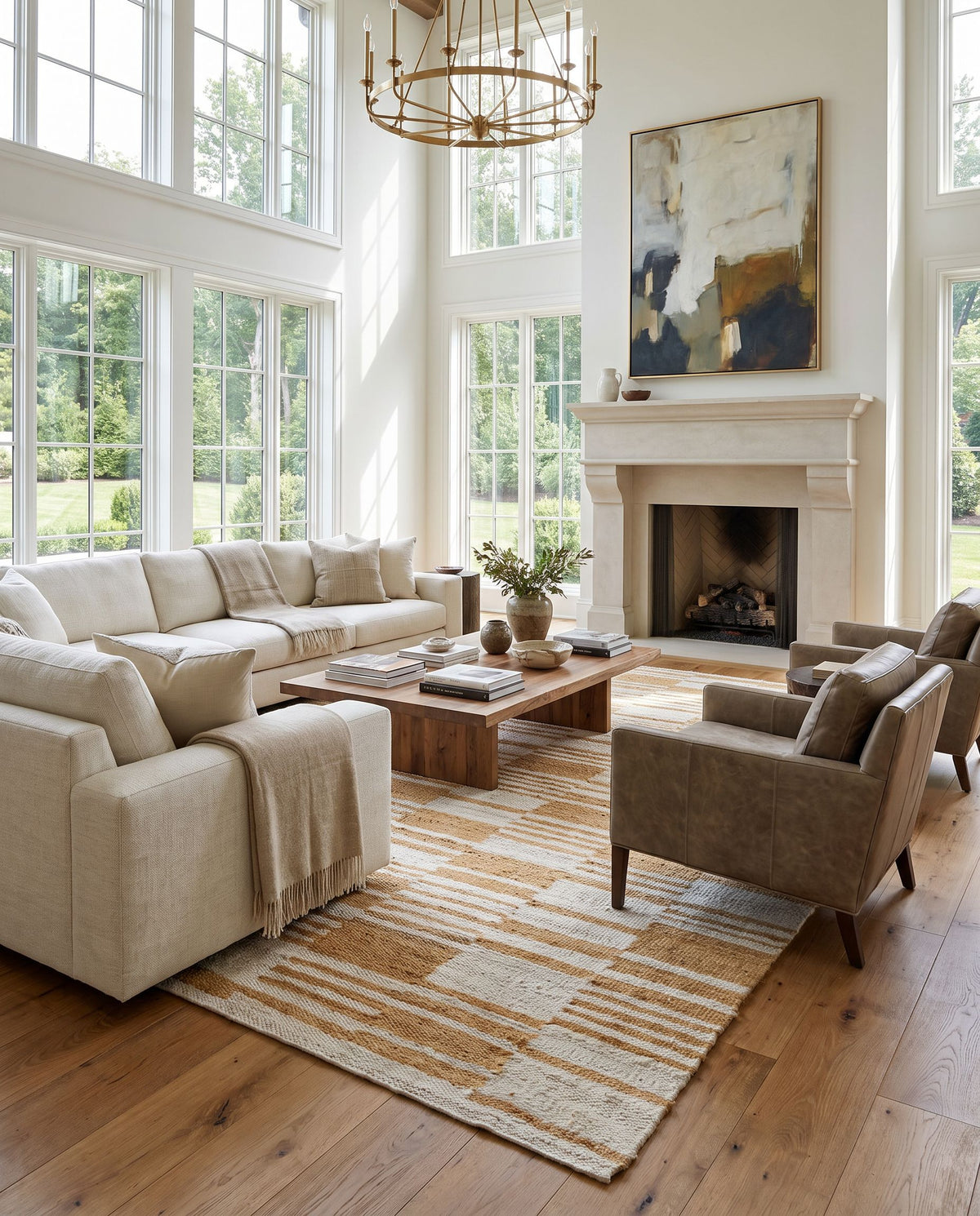 Kamey BOKY-2307 Hand Woven Rug as the centerpiece of a bright luxury living room — a hand woven transitional, traditional area rug in goldenrod, ivory and sandstone tones