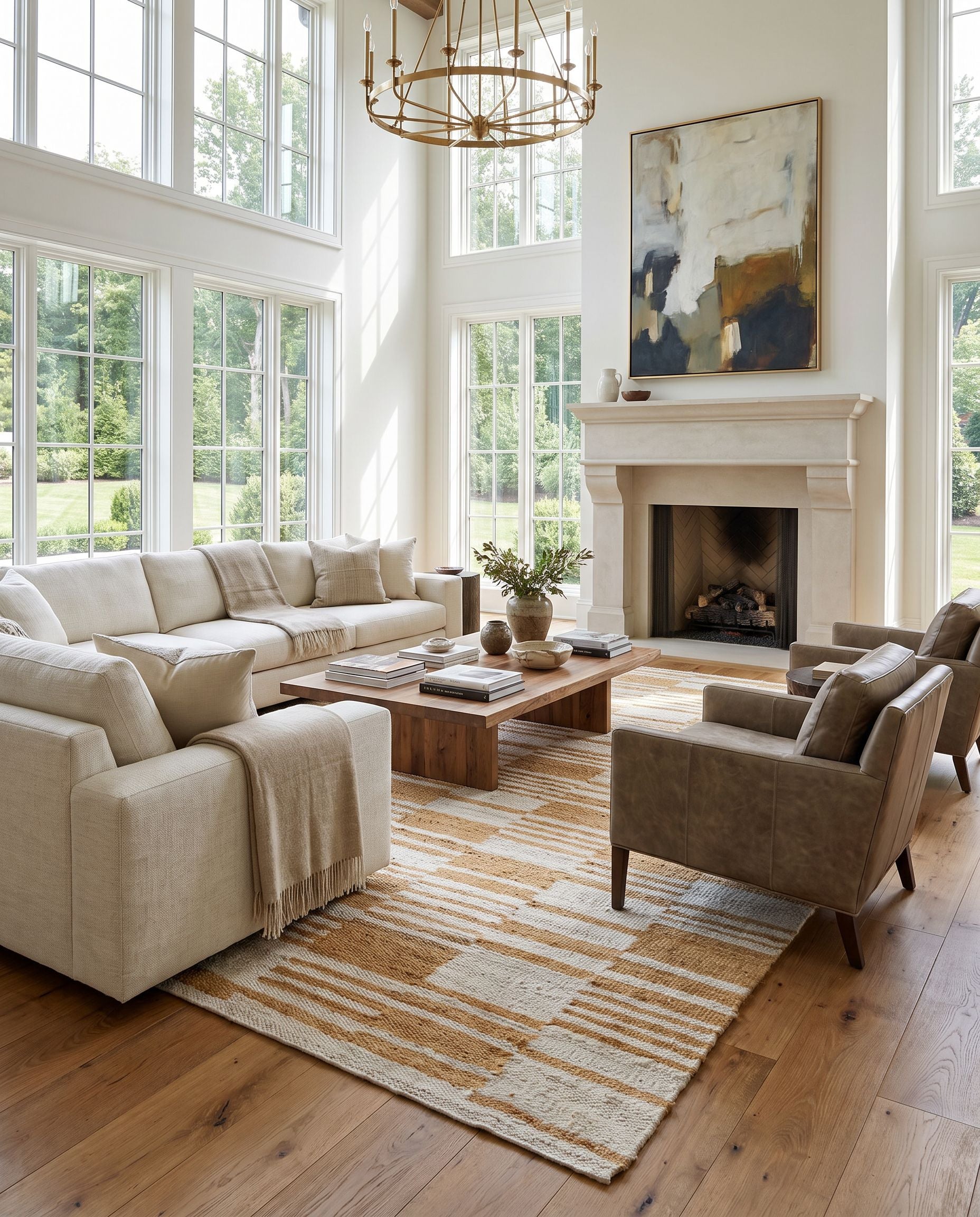 Kamey BOKY-2307 Hand Woven Rug as the centerpiece of a bright luxury living room — a hand woven transitional, traditional area rug in goldenrod, ivory and sandstone tones