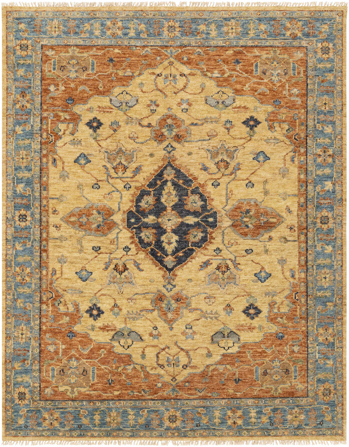 Rust Hand Knotted 100% NZ Wool Traditional Rectangle Handmade rug, Indoor use only, has fringe, non-washable.