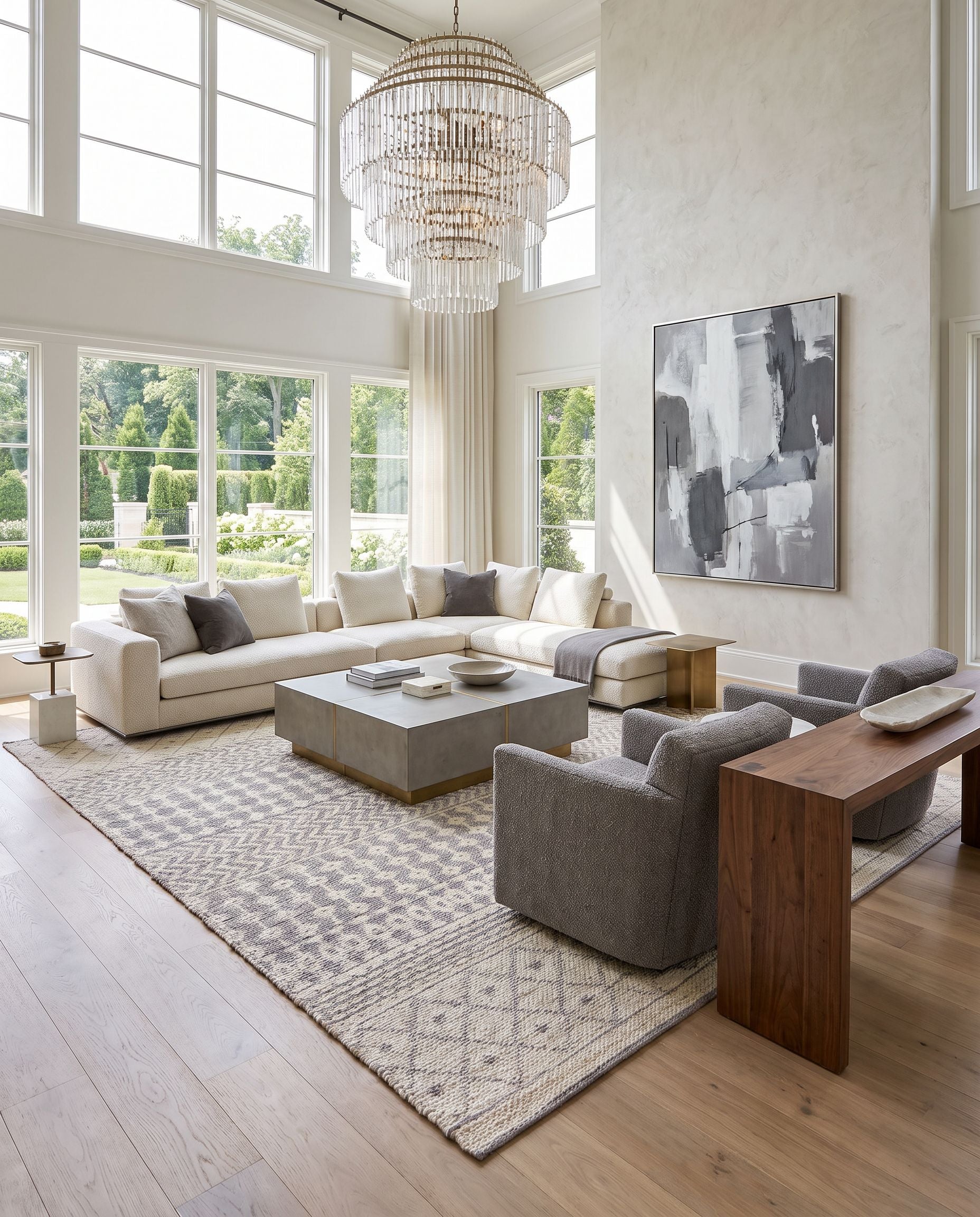 Bryant BRA-2401 Hand Woven Rug as the centerpiece of a bright luxury living room — a hand woven global area rug in light beige and medium gray tones