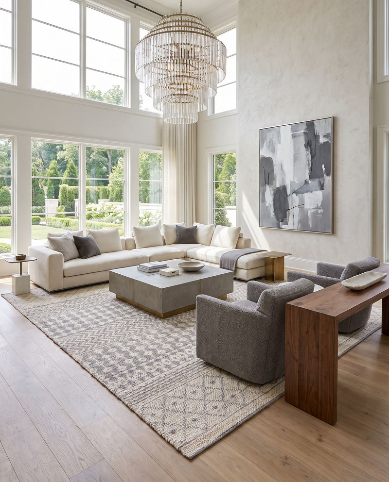 Bryant BRA-2401 Hand Woven Rug as the centerpiece of a bright luxury living room — a hand woven global area rug in light beige and medium gray tones