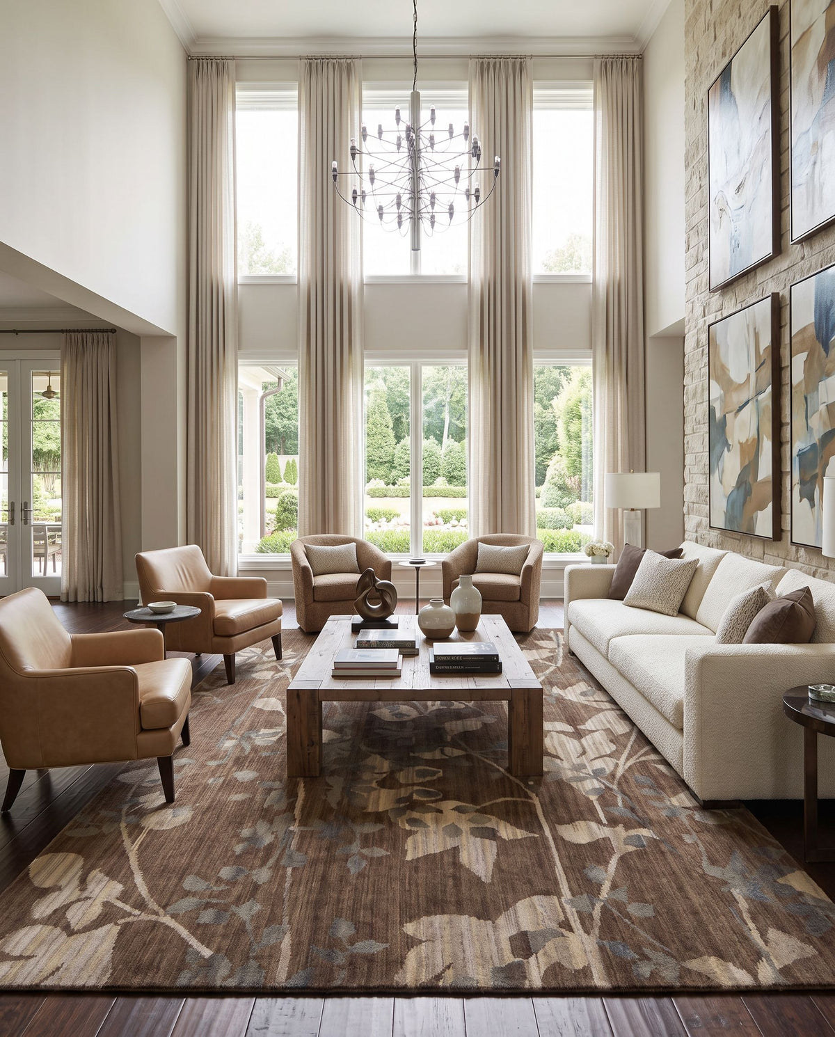 Brocade BRC-1003 Hand Knotted Rug as the centerpiece of a bright luxury living room — a hand knotted modern area rug in dark brown, light beige and medium gray tones