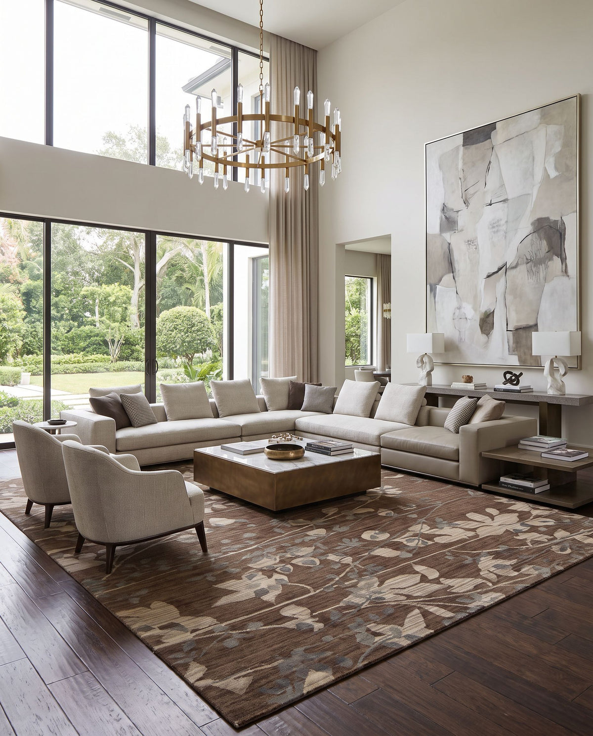 Brocade BRC-1003 Hand Knotted Rug styled in an elegant designer living room — hand knotted modern area rug in dark brown, light beige and medium gray tones