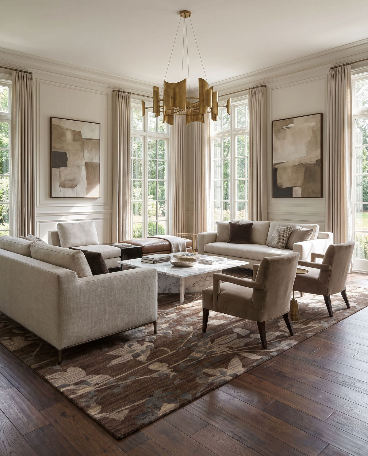 Brocade BRC-1003 Hand Knotted Rug styled in an elegant designer living room — hand knotted modern area rug in dark brown, light beige and medium gray tones
