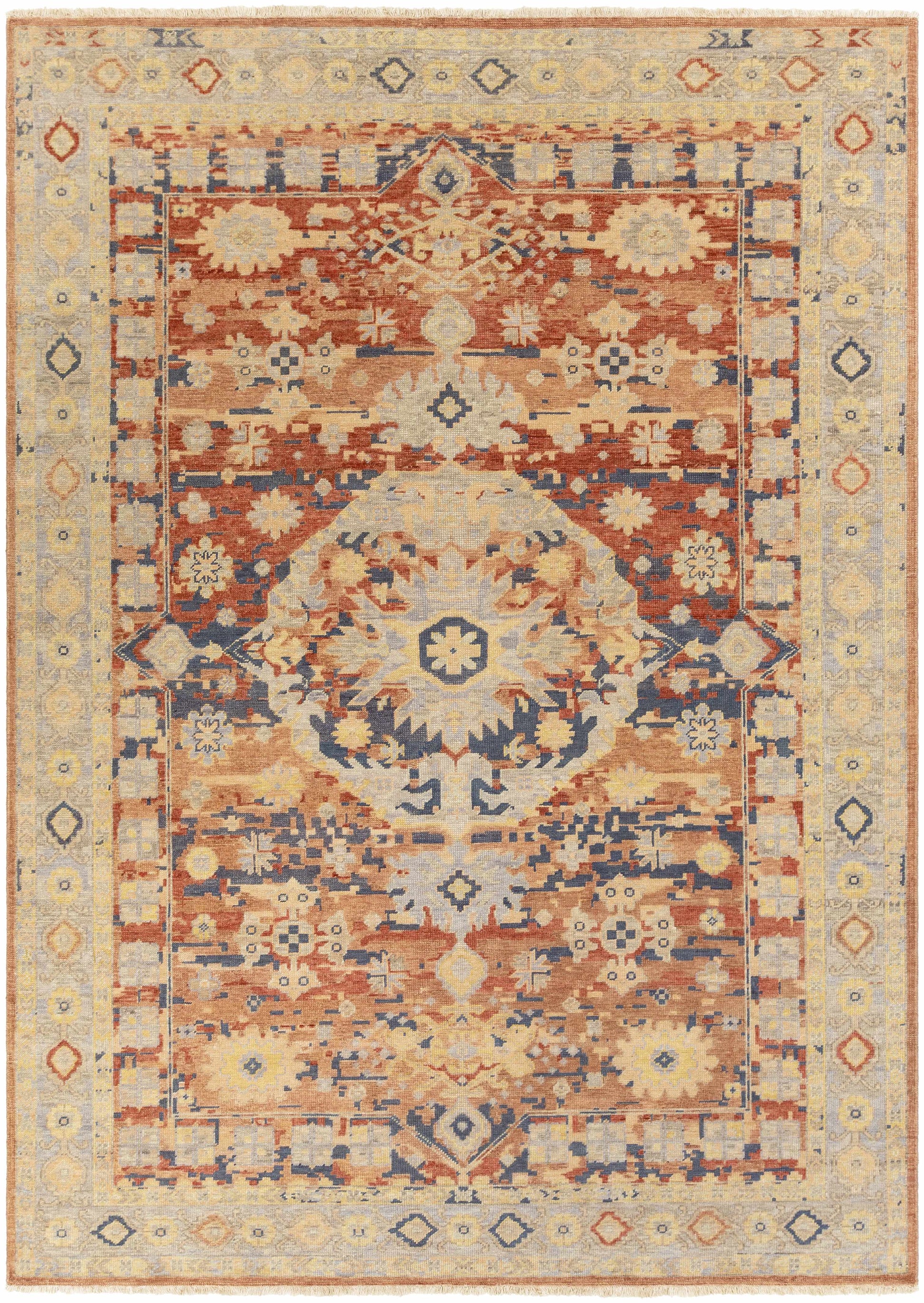 Rust Hand Knotted 100% Wool Traditional Rectangle Handmade rug, Indoor use only, has fringe, non-washable.