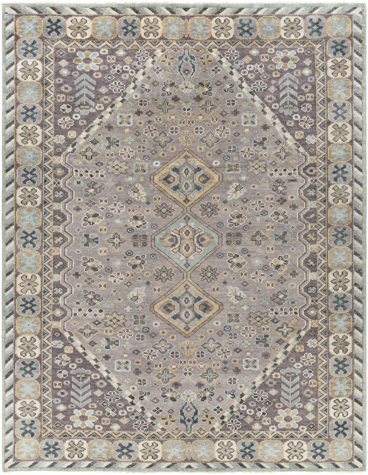 Gray Hand Knotted 100% Wool Traditional Rectangle Handmade rug, Indoor use only, has fringe, non-washable.