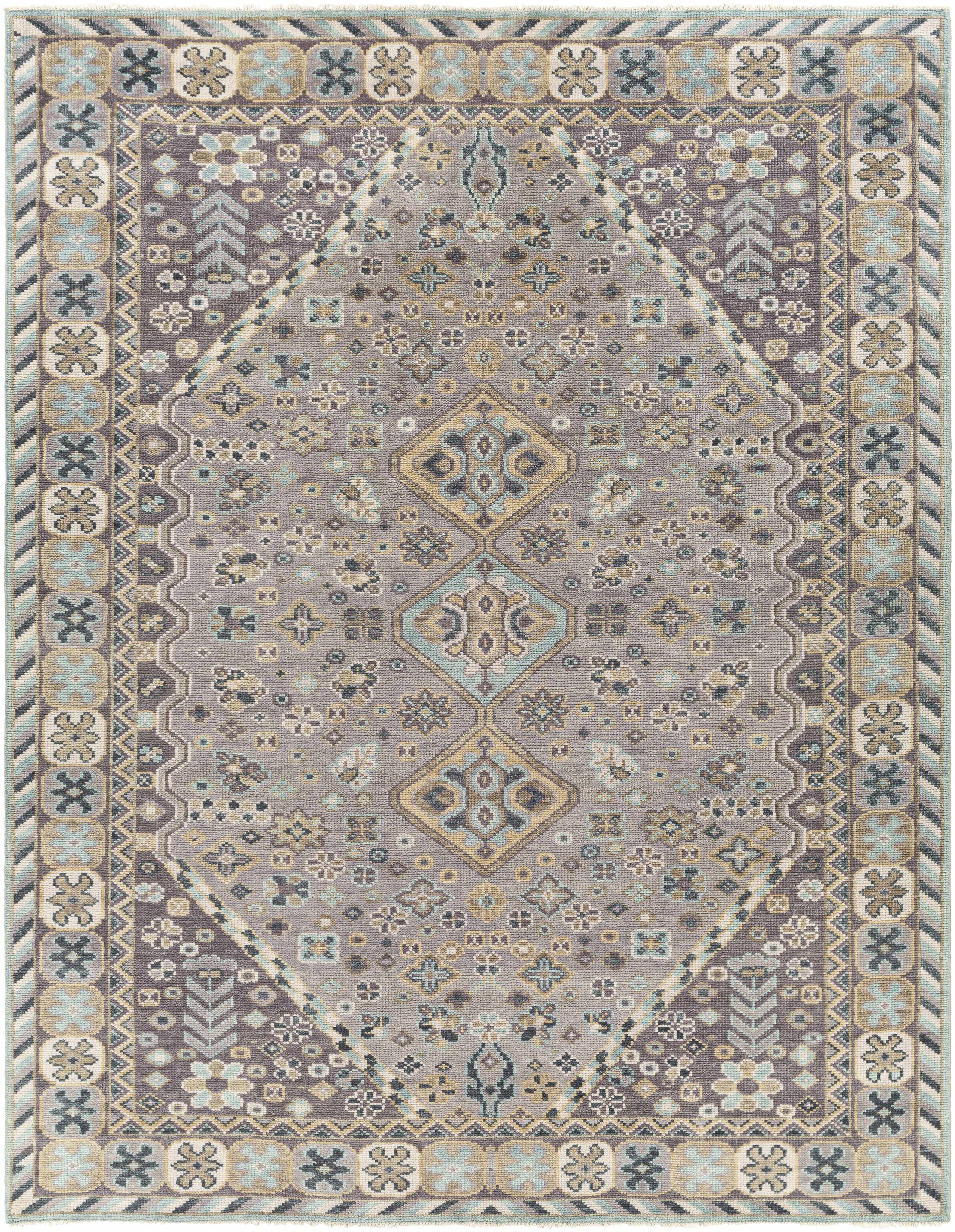 Gray Hand Knotted 100% Wool Traditional Rectangle Handmade rug, Indoor use only, has fringe, non-washable.