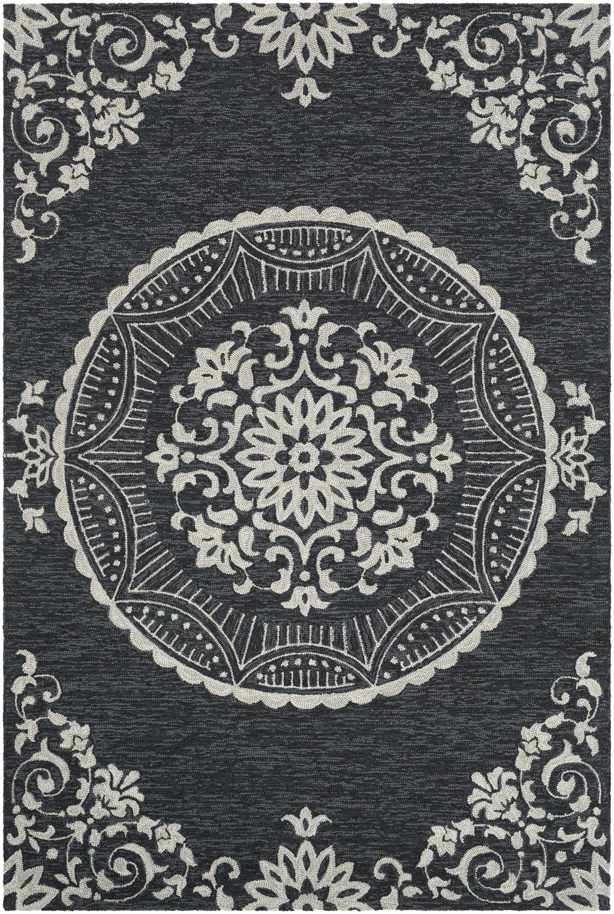 Black Hand Hooked 100% Polypropylene Global Rectangle Handmade rug, outdoor-safe, no fringe, non-washable.