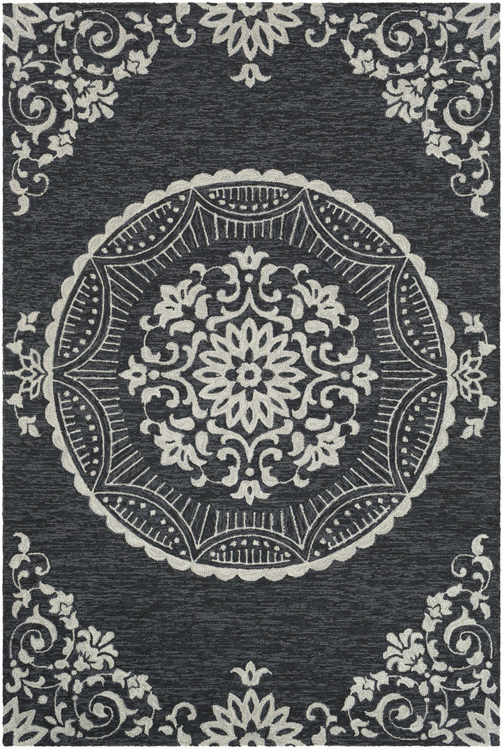 Black Hand Hooked 100% Polypropylene Global Rectangle Handmade rug, outdoor-safe, no fringe, non-washable.
