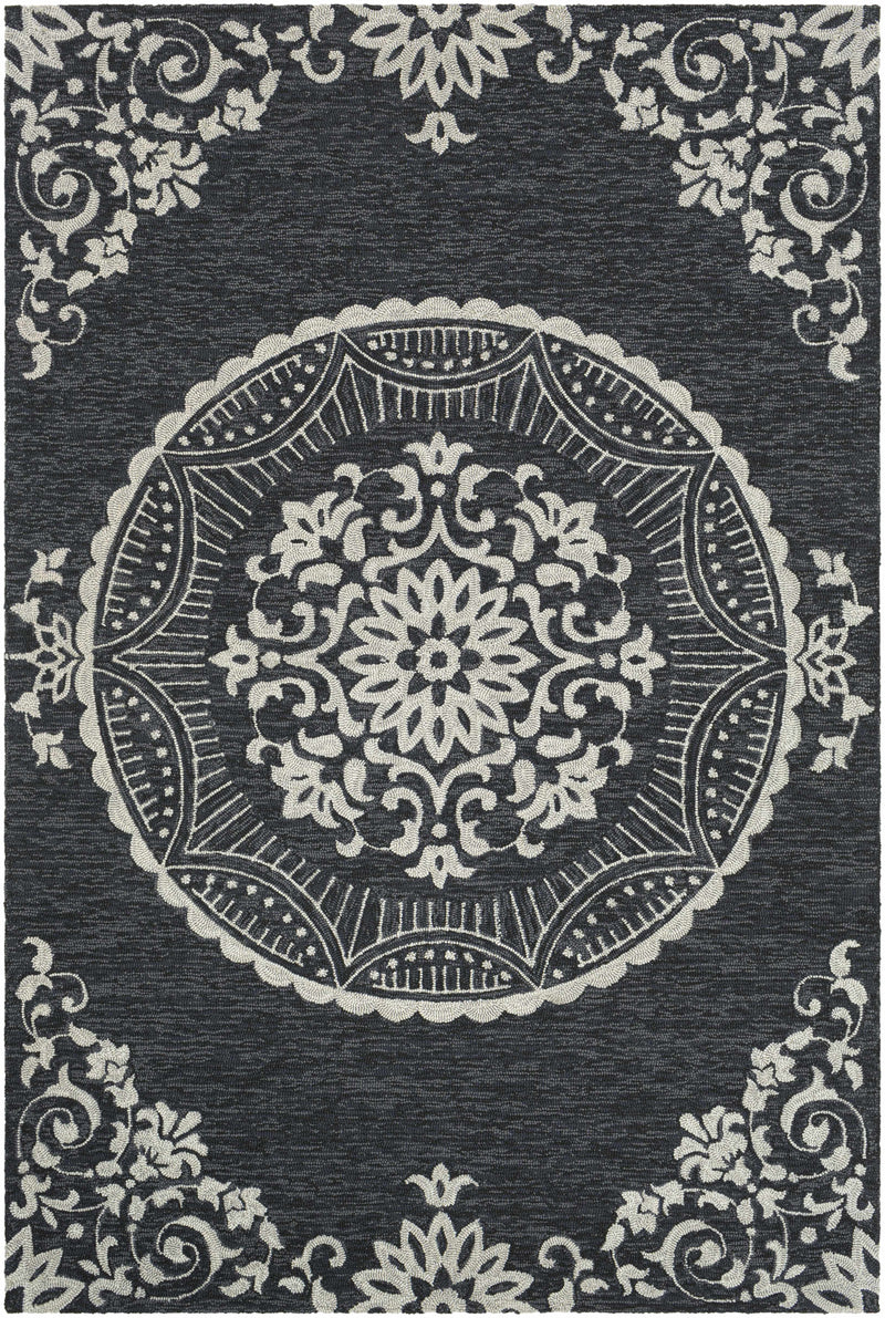 Black Hand Hooked 100% Polypropylene Global Rectangle Handmade rug, outdoor-safe, no fringe, non-washable.