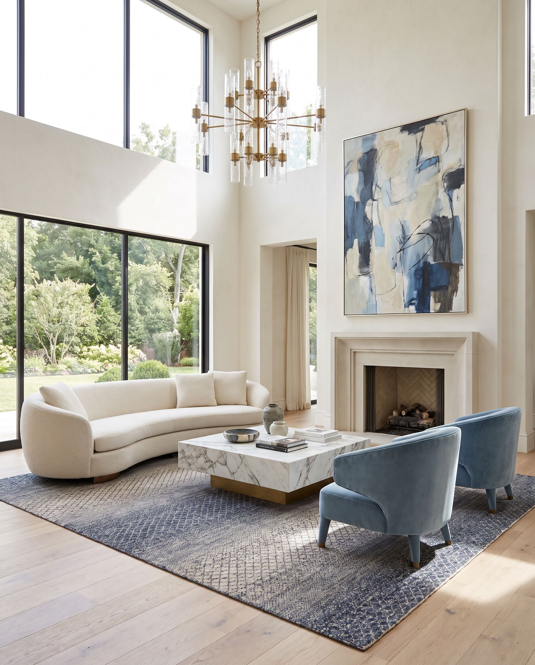 Bethesda BTD-2302 Hand Knotted Rug styled in an elegant designer living room — hand knotted global area rug in dark blue, denim, medium gray and light gray tones
