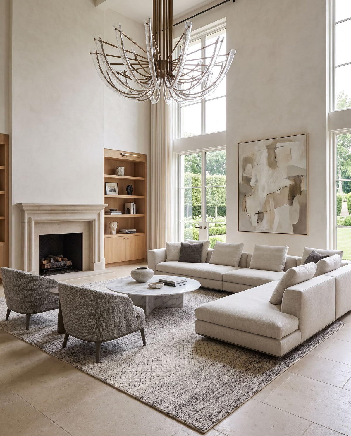 Bethesda BTD-2303 Hand Knotted Rug as the centerpiece of a bright luxury living room — a hand knotted global area rug in charcoal, medium gray, light gray and black tones