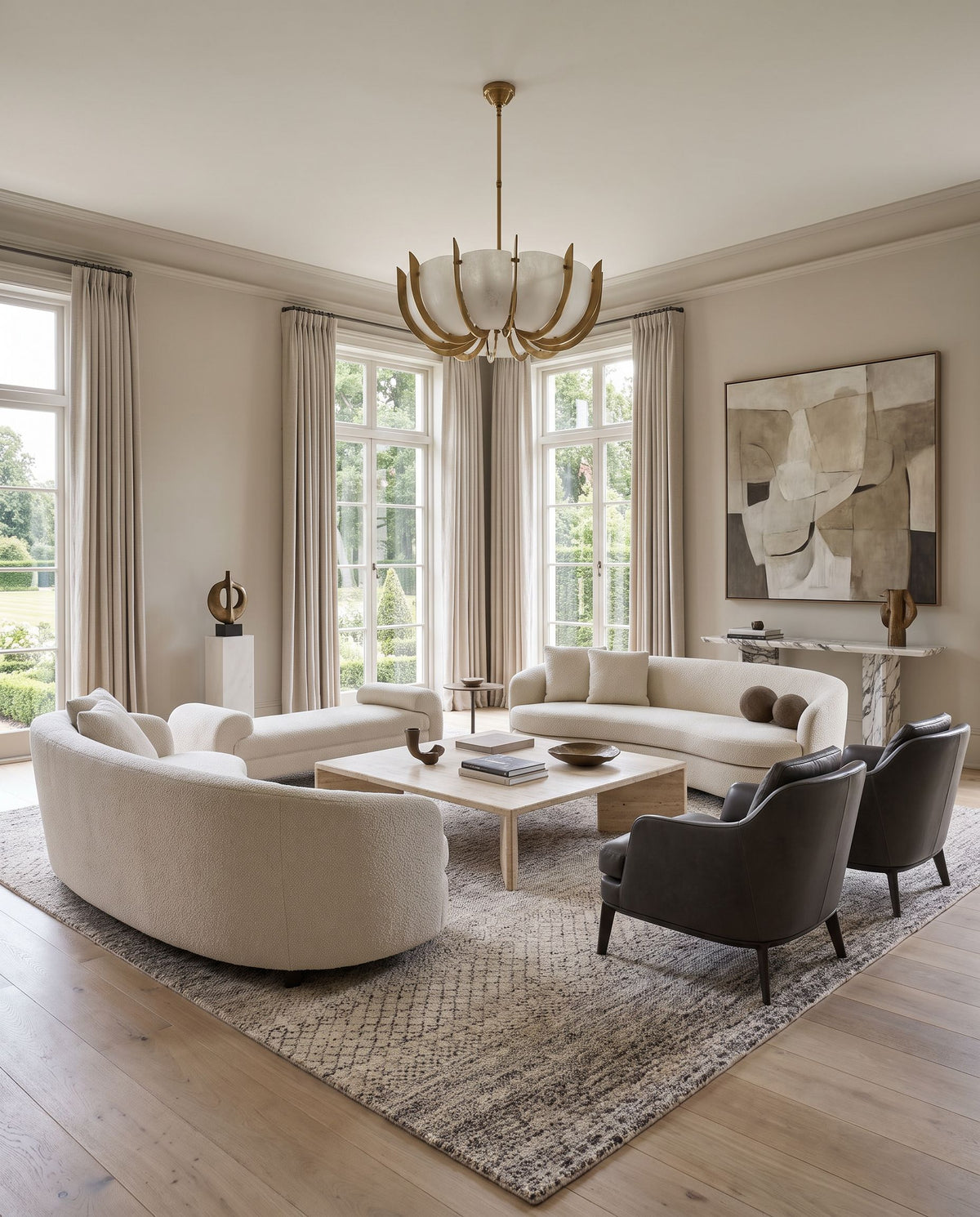 Bethesda BTD-2303 Hand Knotted Rug styled in an elegant designer living room — hand knotted global area rug in charcoal, medium gray, light gray and black tones