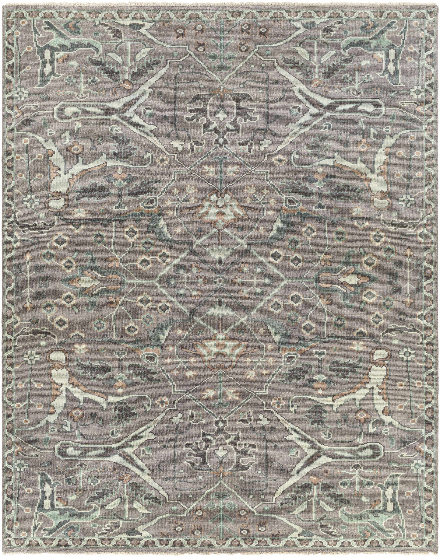 Light Gray Hand Knotted 100% Wool Traditional Rectangle Handmade rug, Indoor use only, has fringe, non-washable.