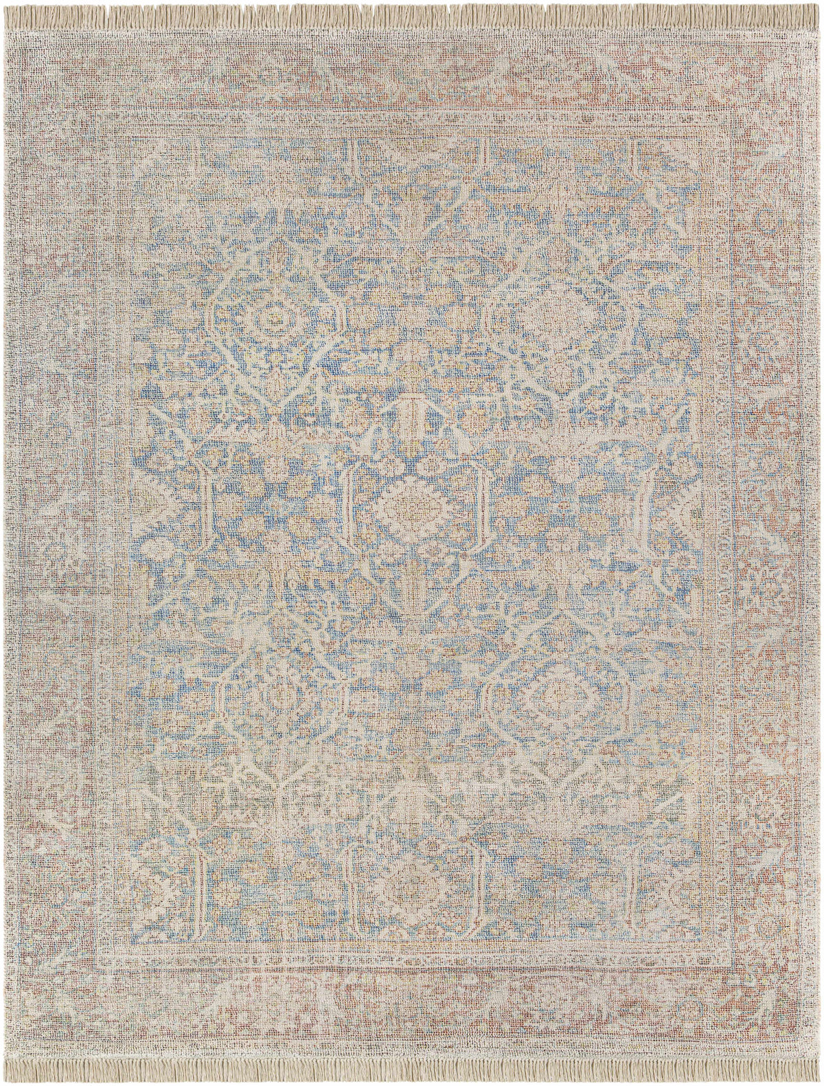 Blue Hand Woven 50% Cotton, 20% Polyester, 15% Wool, 15% Viscose Traditional Rectangle Handmade rug, Indoor use only, has fringe, non-washable.