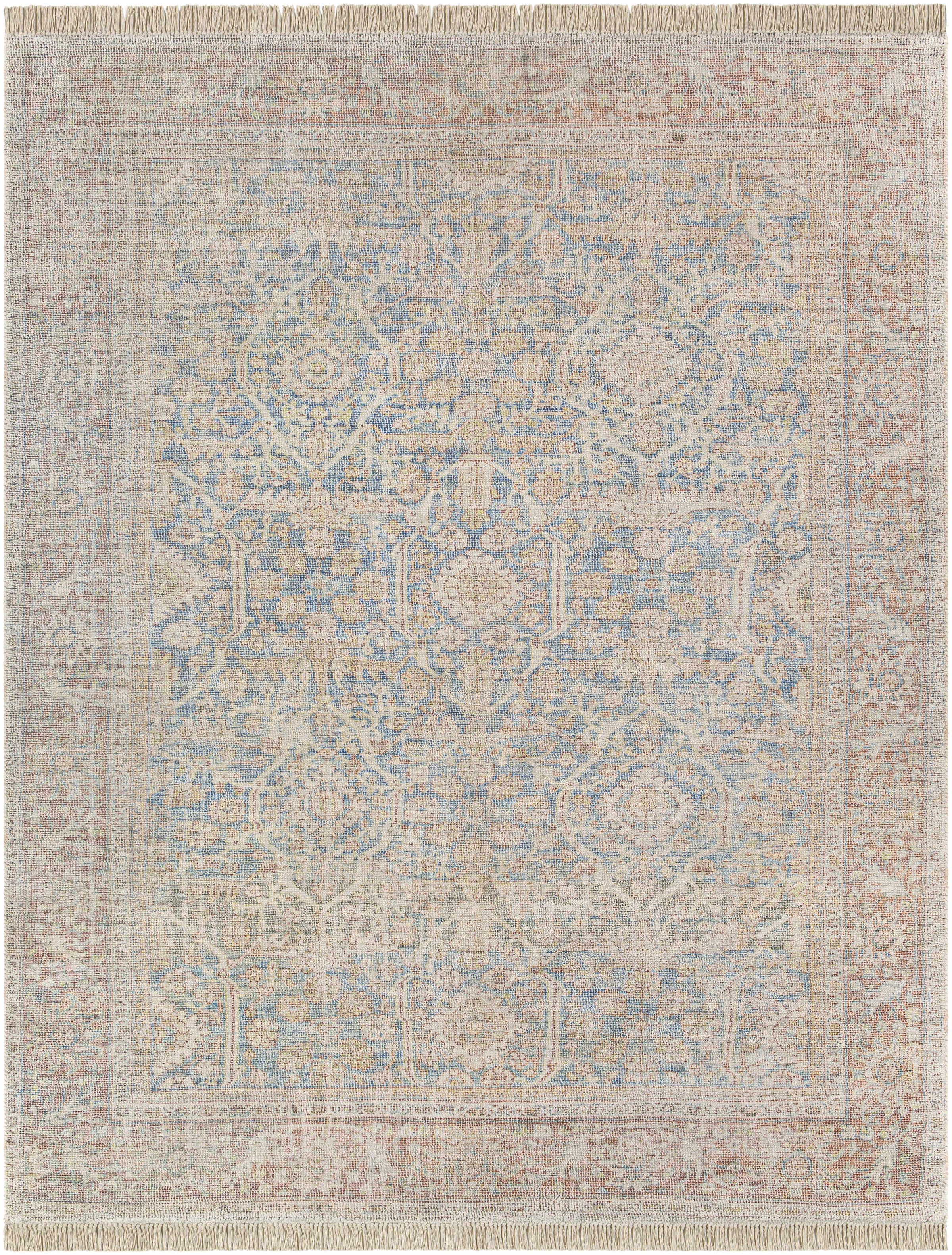 Blue Hand Woven 50% Cotton, 20% Polyester, 15% Wool, 15% Viscose Traditional Rectangle Handmade rug, Indoor use only, has fringe, non-washable.