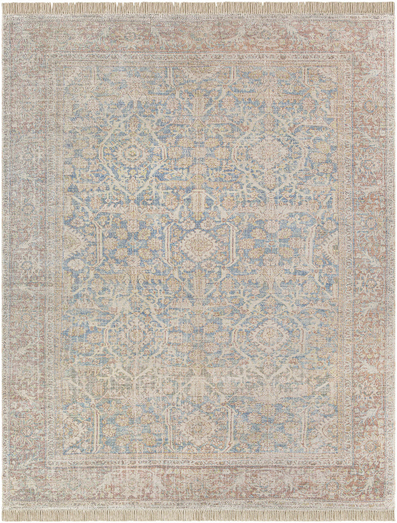 Blue Hand Woven 50% Cotton, 20% Polyester, 15% Wool, 15% Viscose Traditional Rectangle Handmade rug, Indoor use only, has fringe, non-washable.