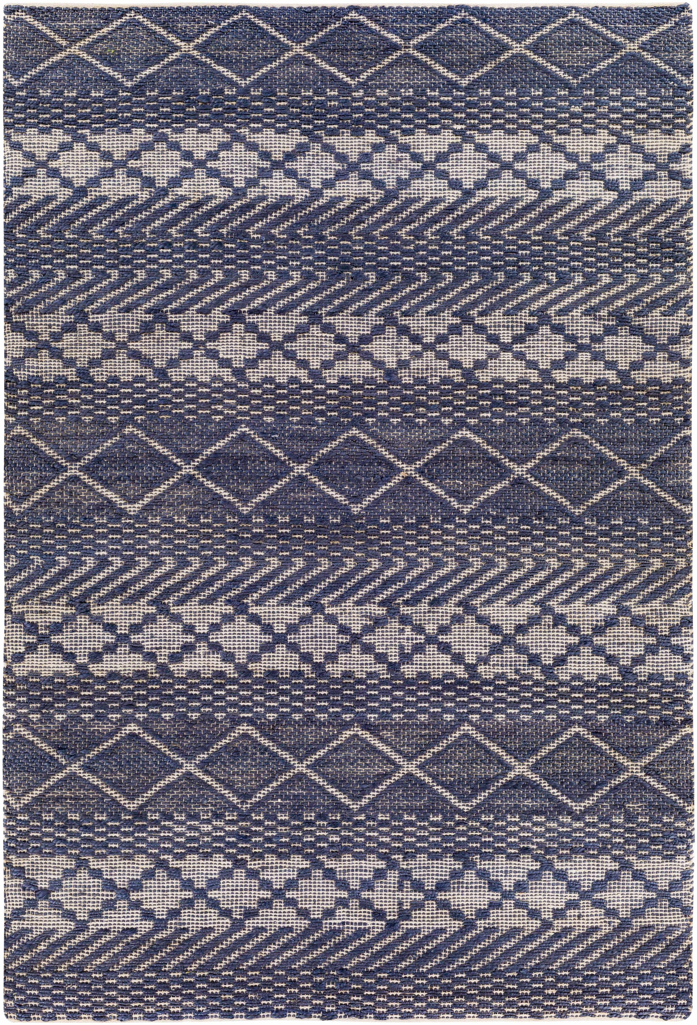 Navy Hand Woven 80% Jute, 20% Cotton Global Rectangle Handmade rug, Indoor use only, no fringe, non-washable. runner also available