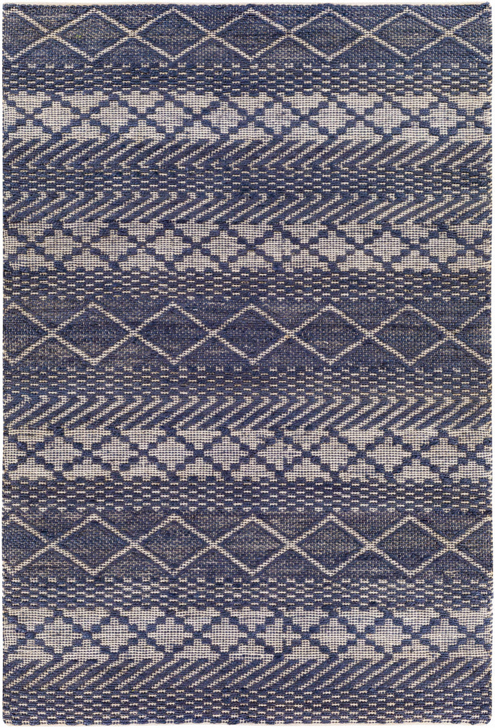 Navy Hand Woven 80% Jute, 20% Cotton Global Rectangle Handmade rug, Indoor use only, no fringe, non-washable. runner also available