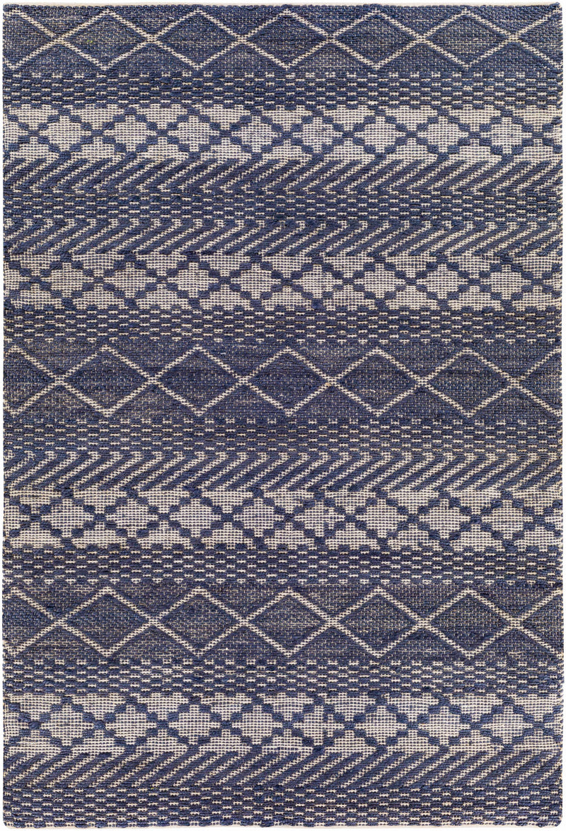 Navy Hand Woven 80% Jute, 20% Cotton Global Rectangle Handmade rug, Indoor use only, no fringe, non-washable. runner also available