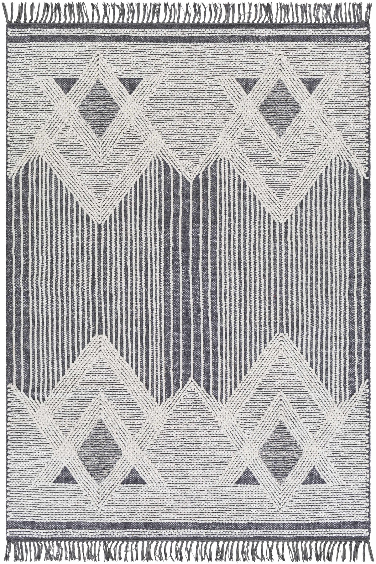 Charcoal Hand Woven 60% Wool, 40% Polyester Cottage Rectangle Handmade rug, Indoor use only, has fringe, non-washable.