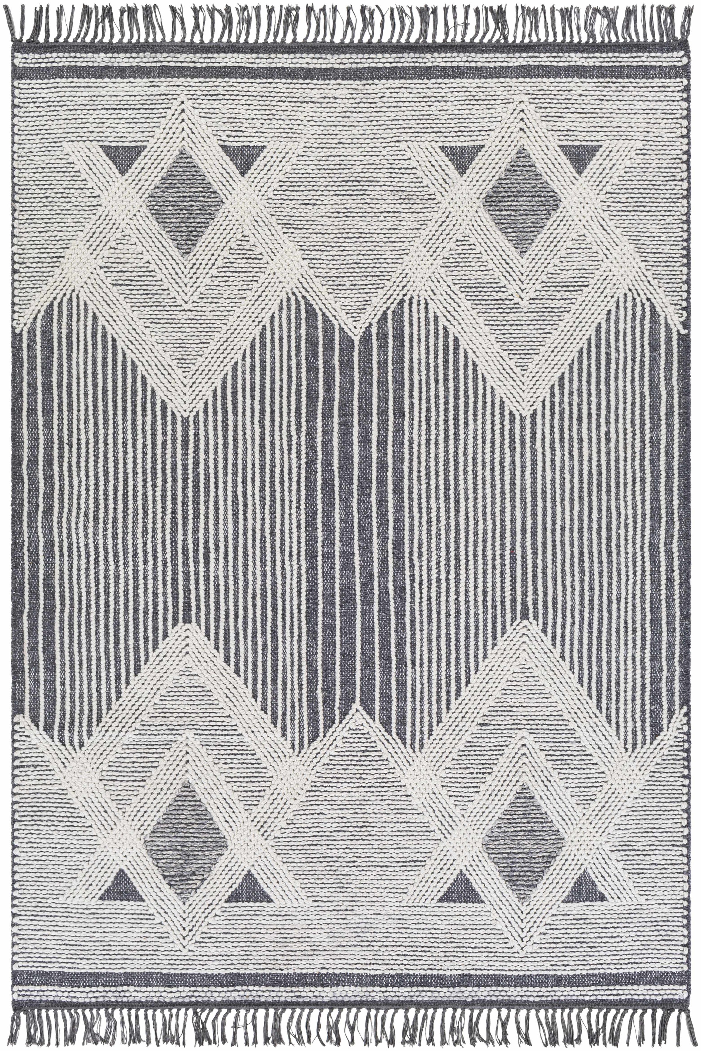 Charcoal Hand Woven 60% Wool, 40% Polyester Cottage Rectangle Handmade rug, Indoor use only, has fringe, non-washable.